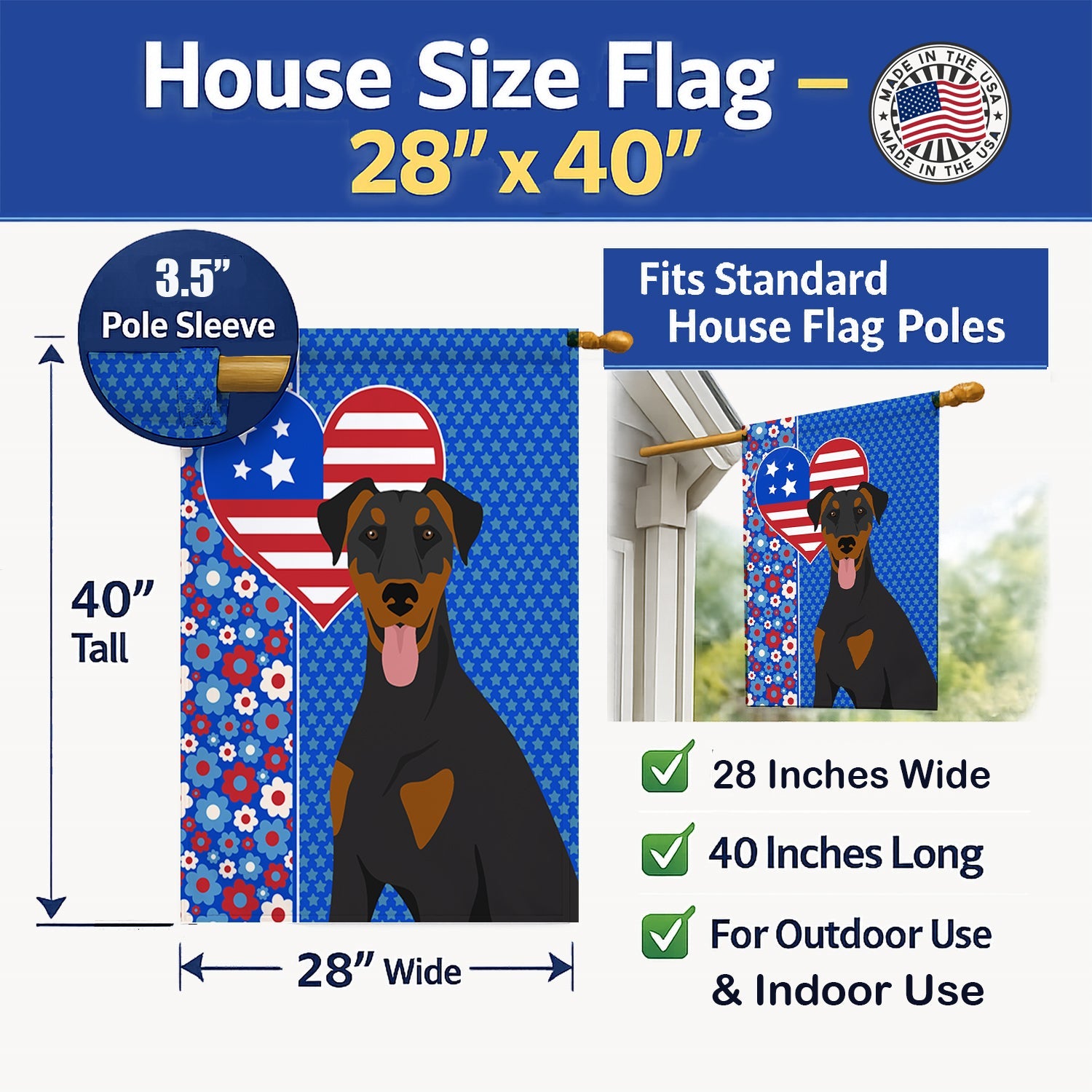 Natural Ear Black and Tan Doberman Pinscher USA American House Flag 28x40 Porch Sleeve Pole Decorative Outside Yard Banner Artwork Wall Hanging, Polyester