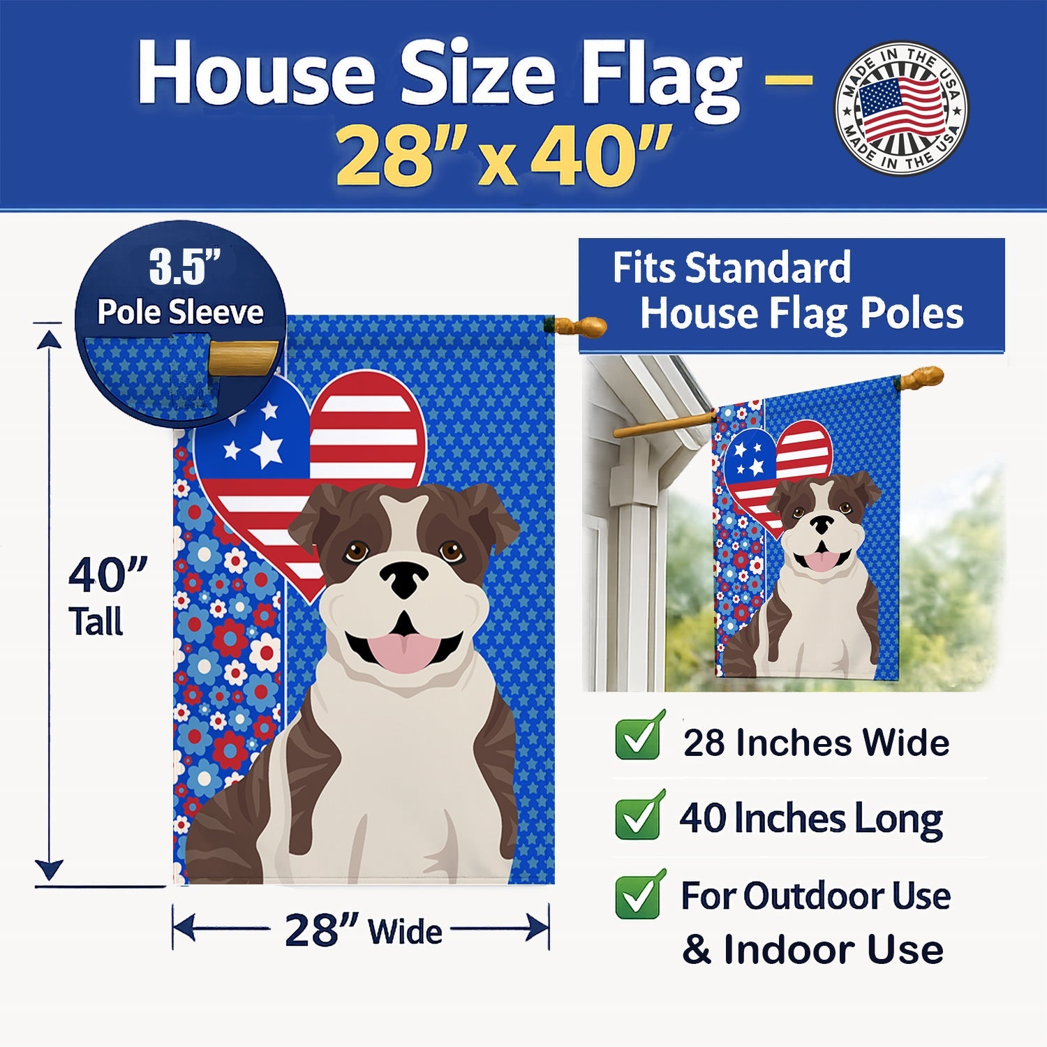 Brindle English Bulldog USA American House Flag 28x40 Porch Sleeve Pole Decorative Outside Yard Banner Artwork Wall Hanging, Polyester