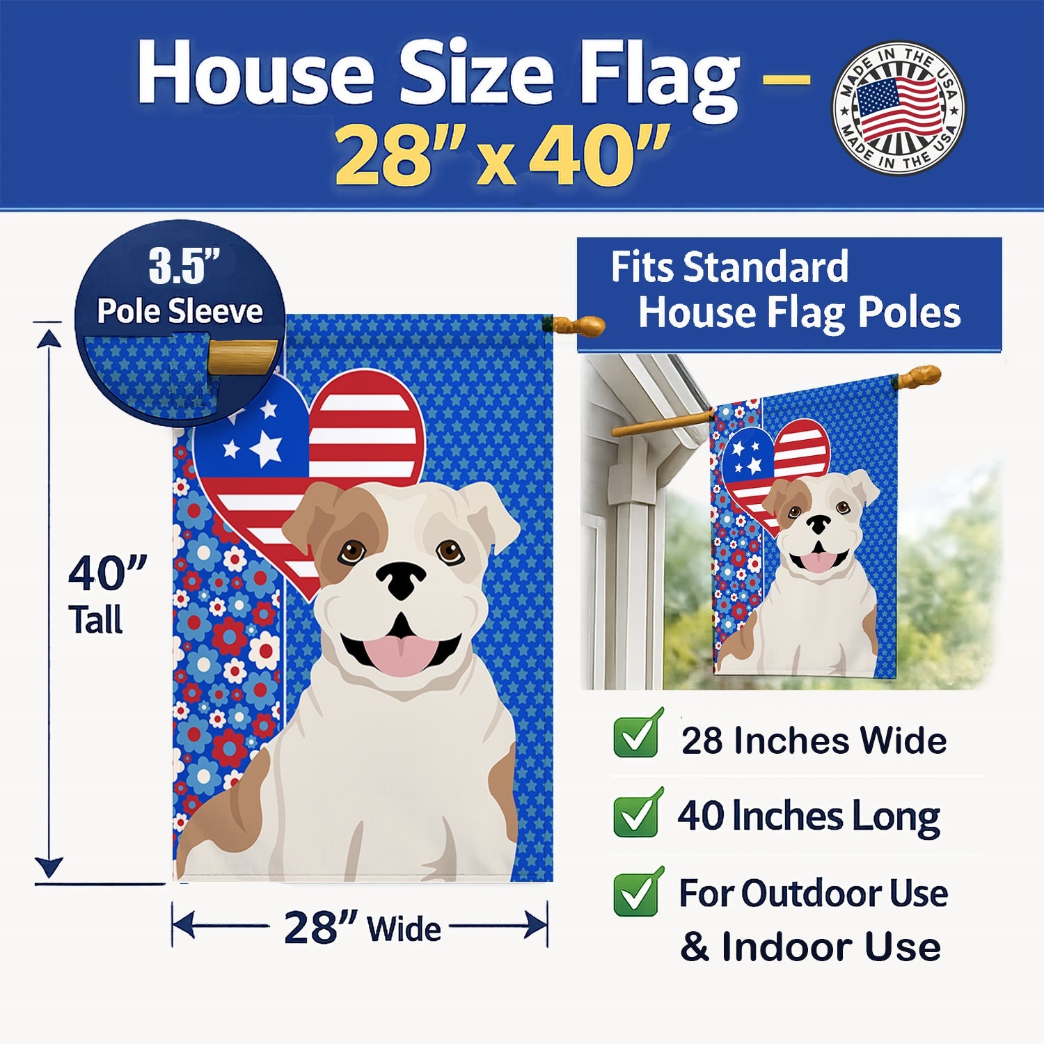 Piebald English Bulldog USA American House Flag 28x40 Porch Sleeve Pole Decorative Outside Yard Banner Artwork Wall Hanging, Polyester