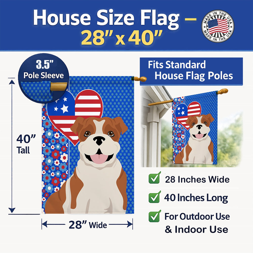 Red English Bulldog USA American House Flag 28x40 Porch Sleeve Pole Decorative Outside Yard Banner Artwork Wall Hanging, Polyester