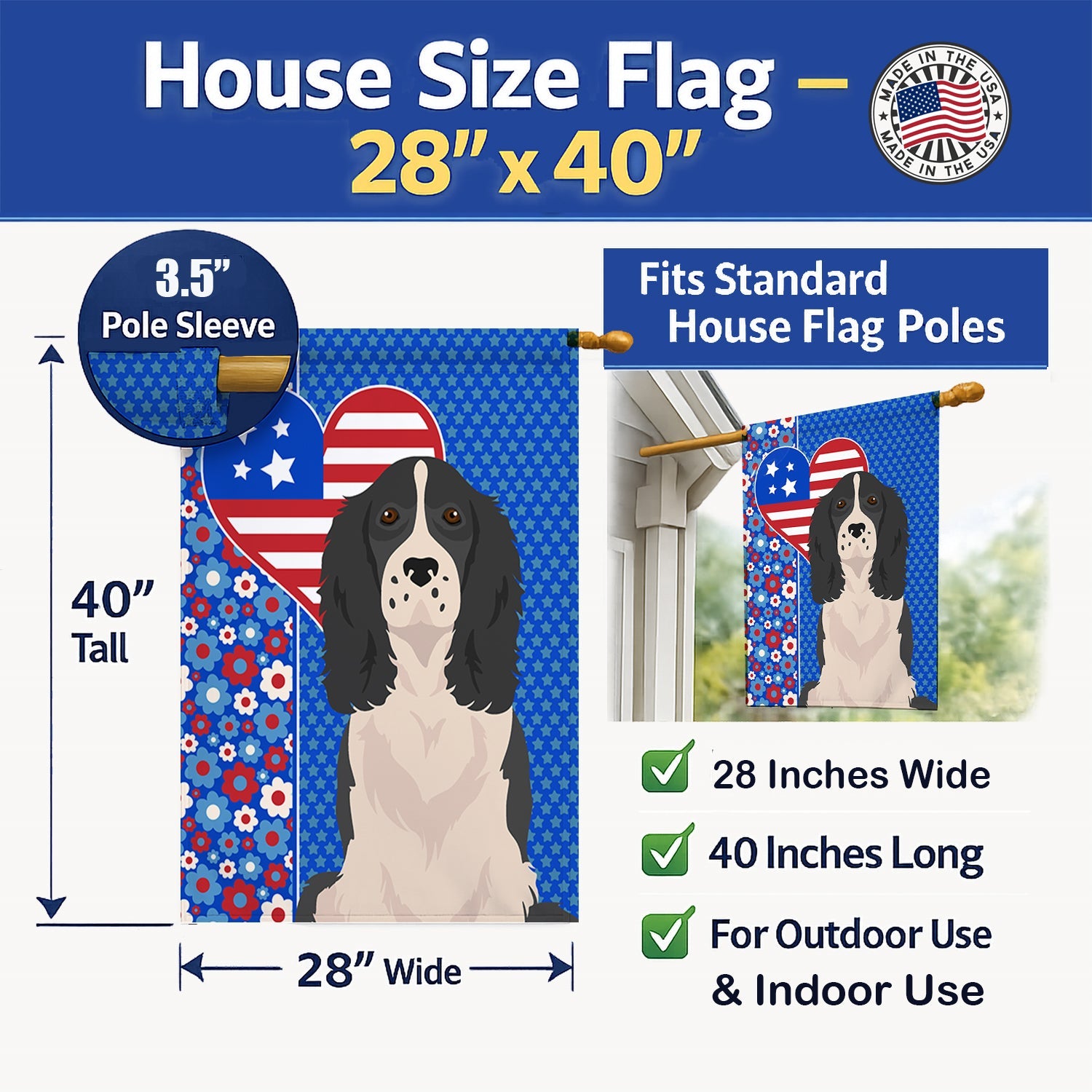 Black English Springer Spaniel USA American House Flag 28x40 Porch Sleeve Pole Decorative Outside Yard Banner Artwork Wall Hanging, Polyester