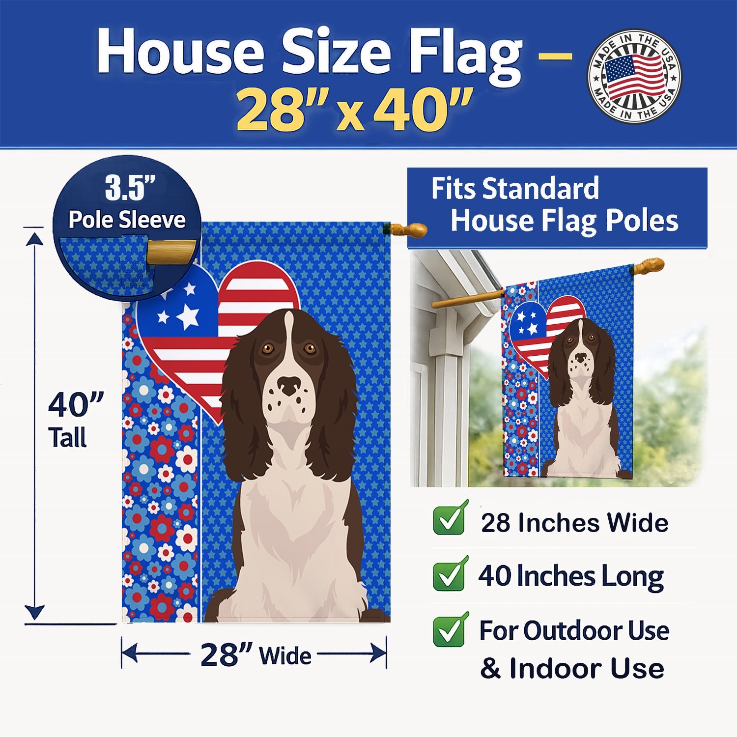 Liver English Springer Spaniel USA American House Flag 28x40 Porch Sleeve Pole Decorative Outside Yard Banner Artwork Wall Hanging, Polyester