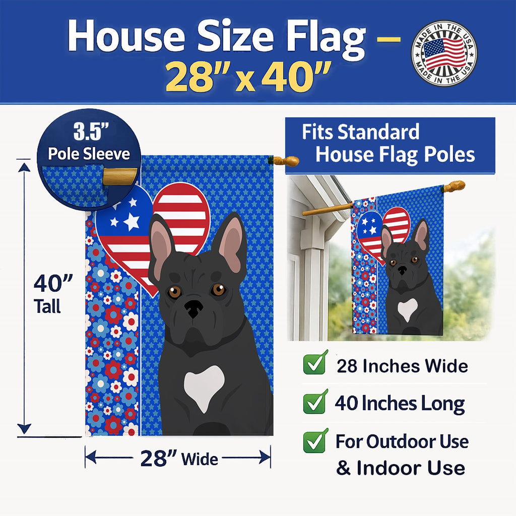 Black French Bulldog USA American House Flag 28x40 Porch Sleeve Pole Decorative Outside Yard Banner Artwork Wall Hanging, Polyester
