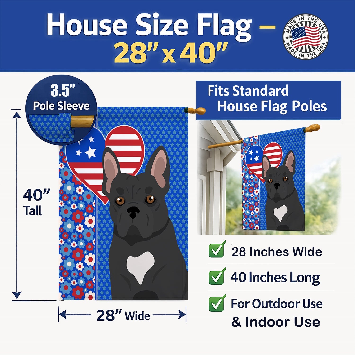 Black French Bulldog USA American House Flag 28x40 Porch Sleeve Pole Decorative Outside Yard Banner Artwork Wall Hanging, Polyester