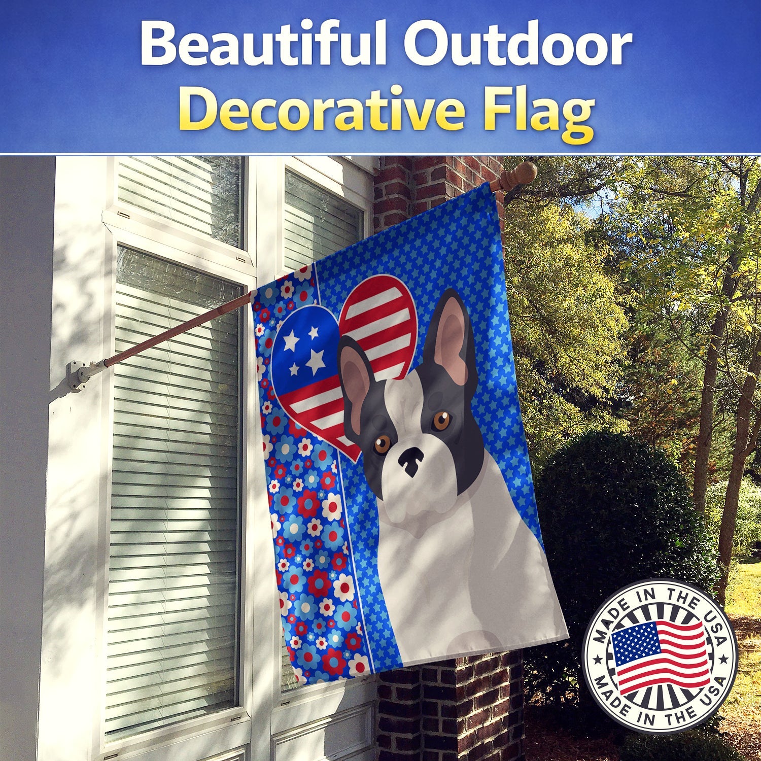 Black and White French Bulldog USA American House Flag 28x40 Porch Sleeve Pole Decorative Outside Yard Banner Artwork Wall Hanging, Polyester