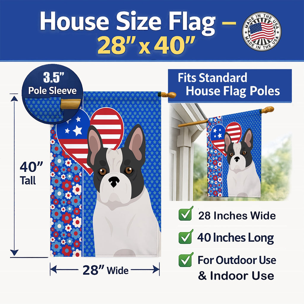 Black and White French Bulldog USA American House Flag 28x40 Porch Sleeve Pole Decorative Outside Yard Banner Artwork Wall Hanging, Polyester