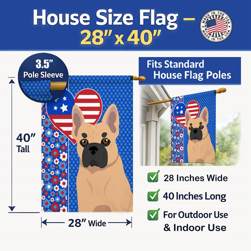 Fawn French Bulldog USA American House Flag 28x40 Porch Sleeve Pole Decorative Outside Yard Banner Artwork Wall Hanging, Polyester