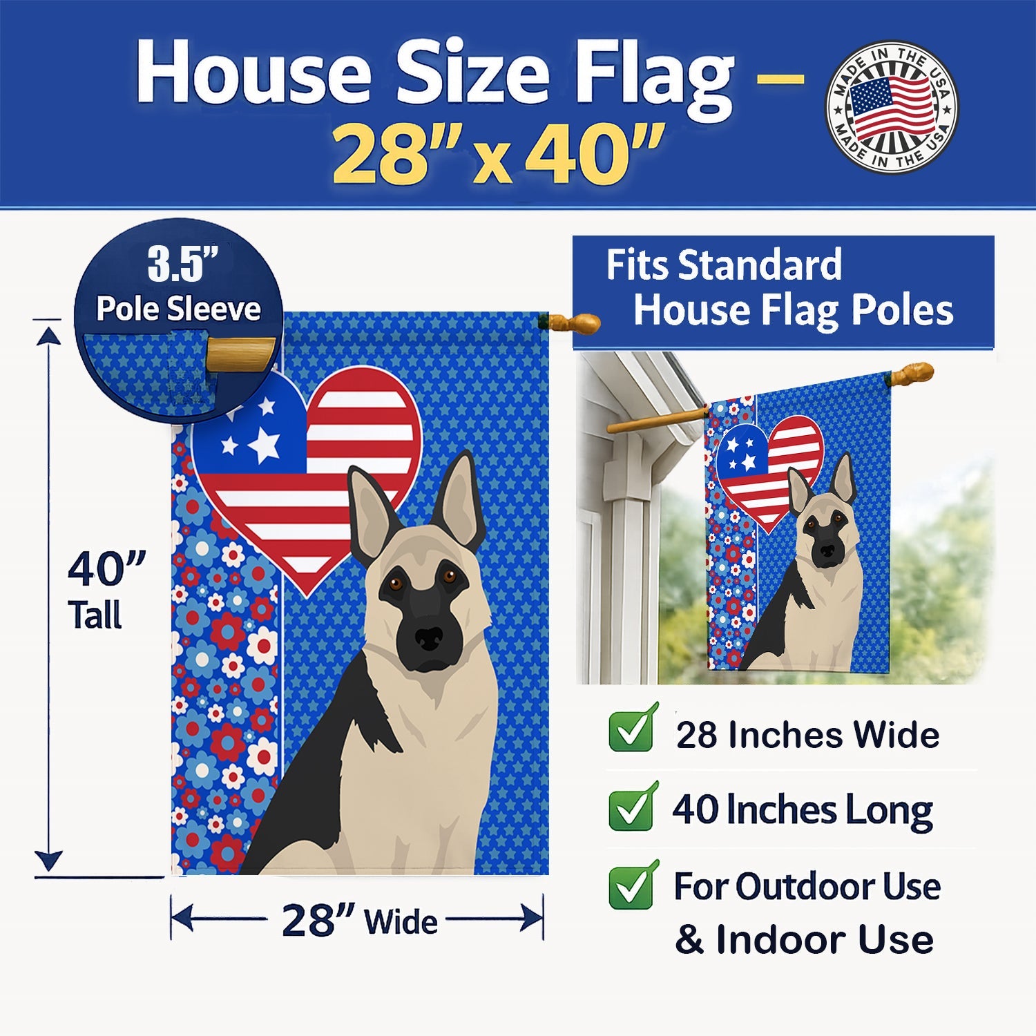 Black and Silver German Shepherd USA American House Flag 28x40 Porch Sleeve Pole Decorative Outside Yard Banner Artwork Wall Hanging, Polyester