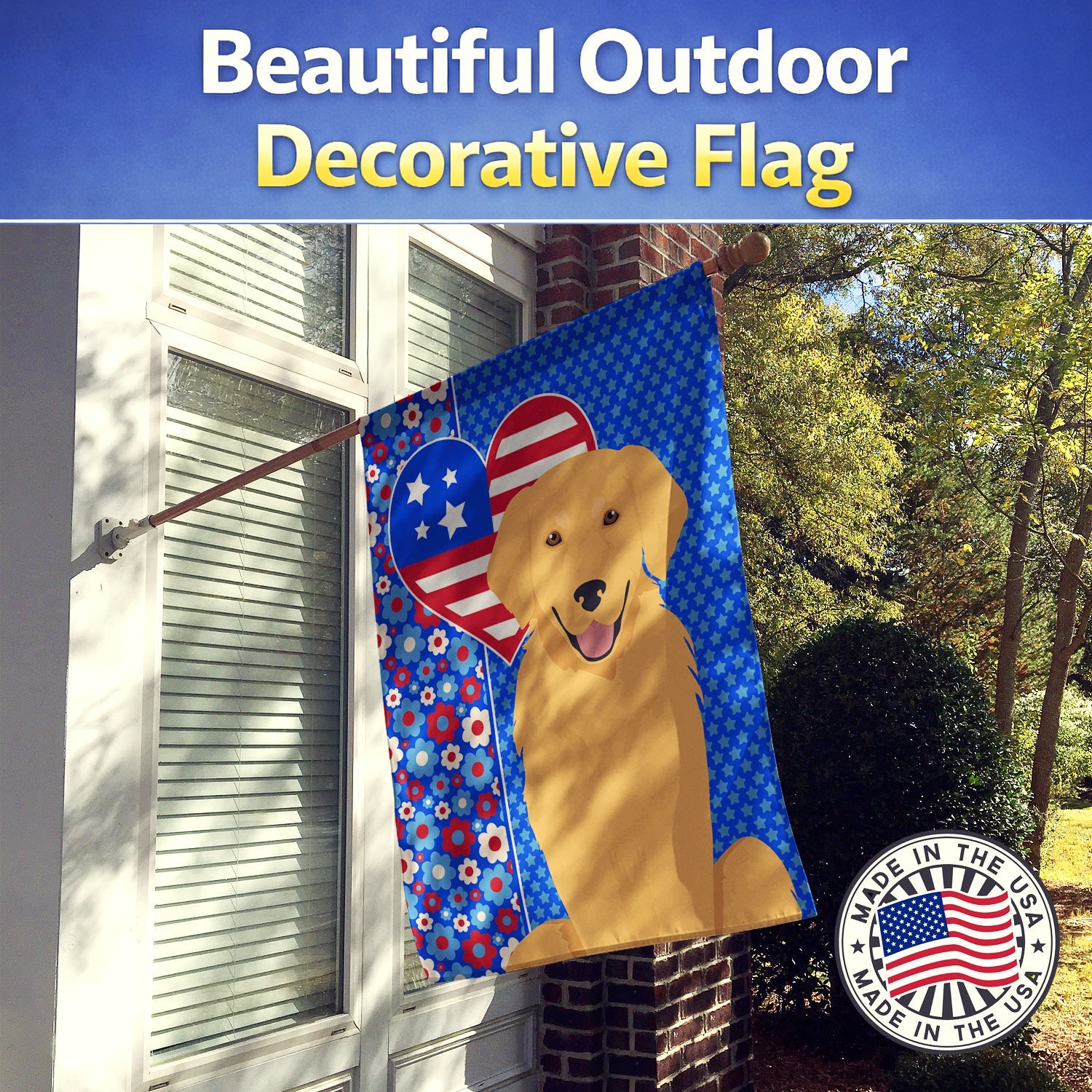 Gold Golden Retriever USA American House Flag 28x40 Porch Sleeve Pole Decorative Outside Yard Banner Artwork Wall Hanging, Polyester