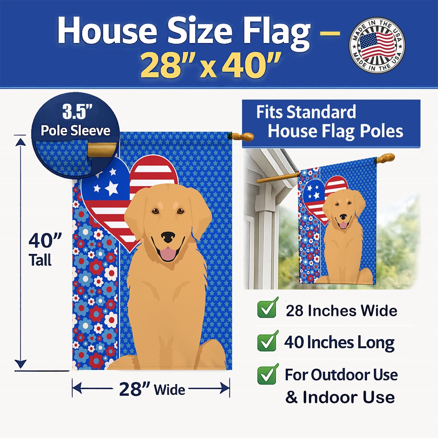 Gold Golden Retriever USA American House Flag 28x40 Porch Sleeve Pole Decorative Outside Yard Banner Artwork Wall Hanging, Polyester