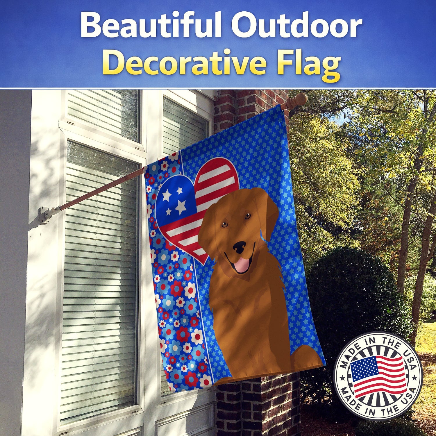 Mahogany Golden Retriever USA American House Flag 28x40 Porch Sleeve Pole Decorative Outside Yard Banner Artwork Wall Hanging, Polyester
