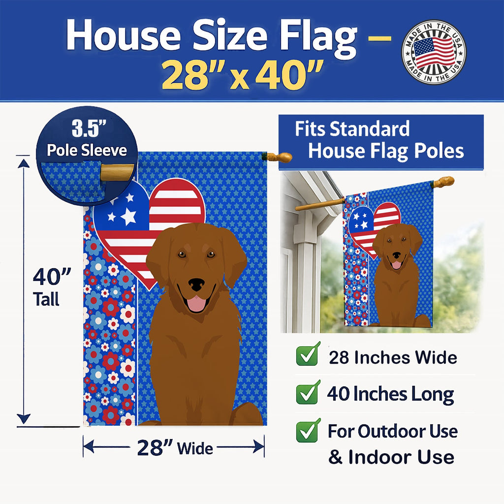 Mahogany Golden Retriever USA American House Flag 28x40 Porch Sleeve Pole Decorative Outside Yard Banner Artwork Wall Hanging, Polyester