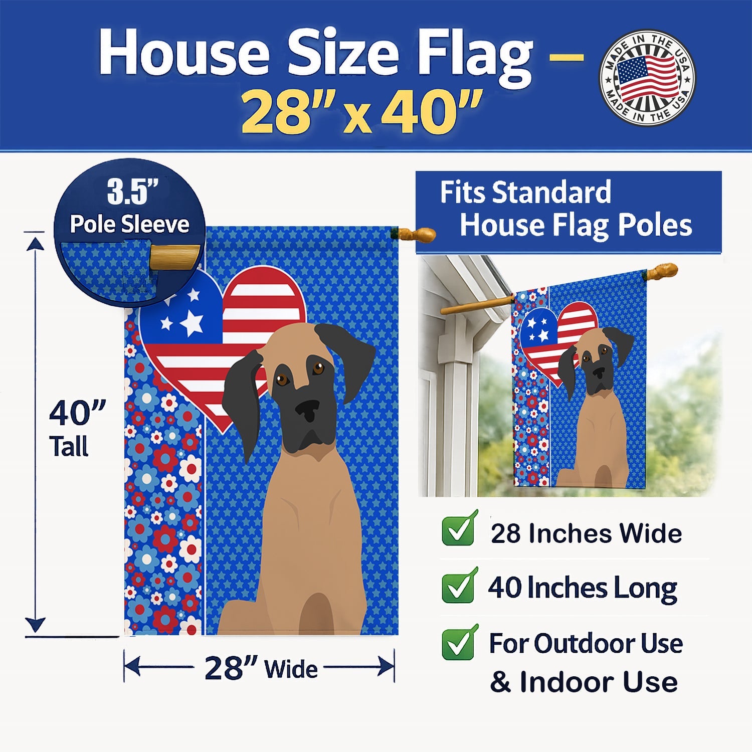 Fawn Great Dane USA American House Flag 28x40 Porch Sleeve Pole Decorative Outside Yard Banner Artwork Wall Hanging, Polyester