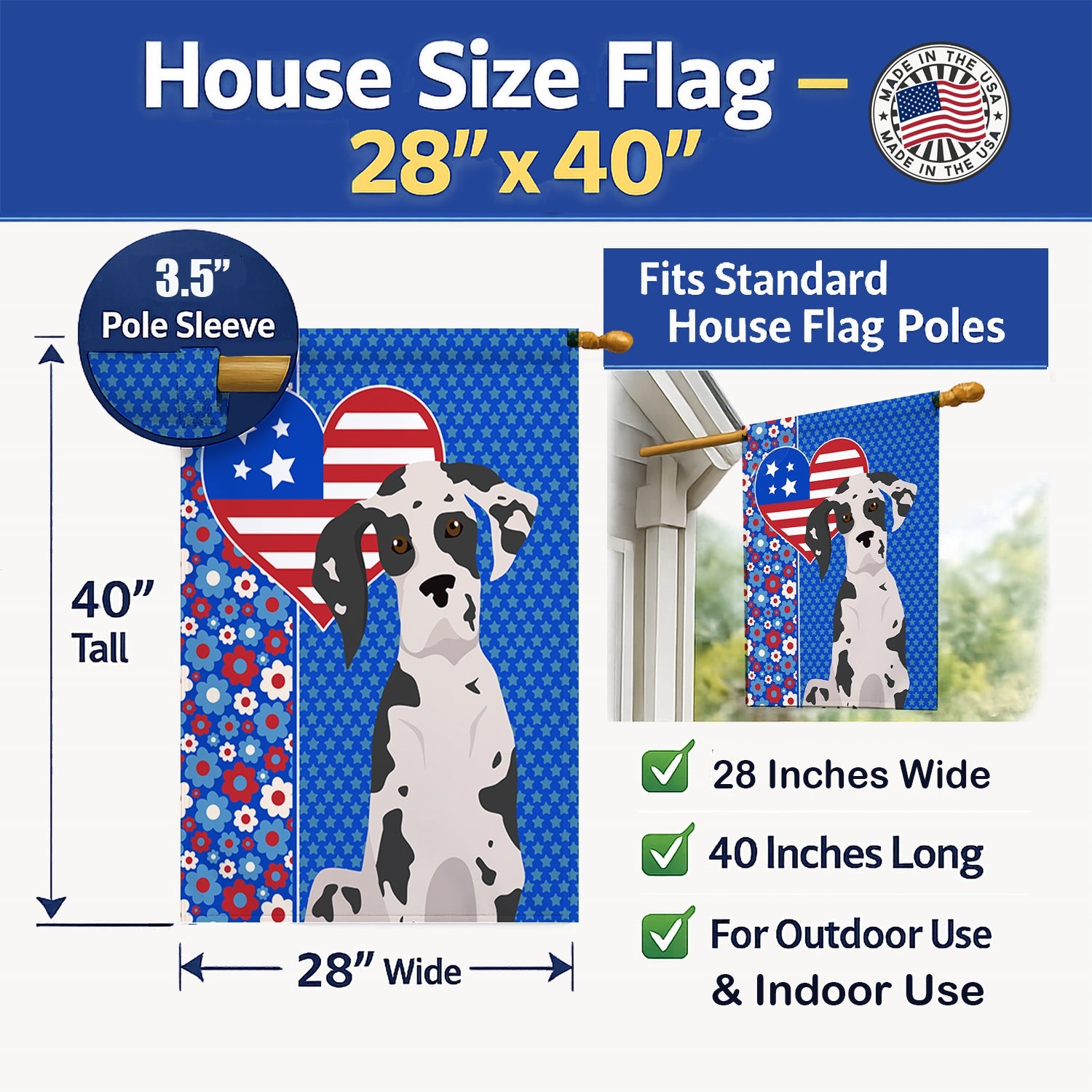 Harlequin Great Dane USA American House Flag 28x40 Porch Sleeve Pole Decorative Outside Yard Banner Artwork Wall Hanging, Polyester