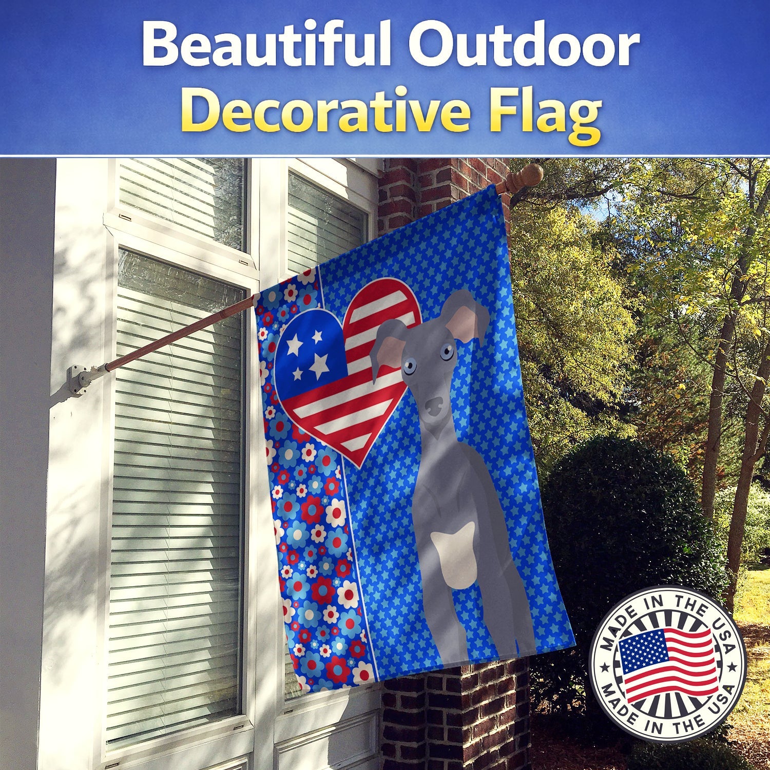 Gray Italian Greyhound USA American House Flag 28x40 Porch Sleeve Pole Decorative Outside Yard Banner Artwork Wall Hanging, Polyester