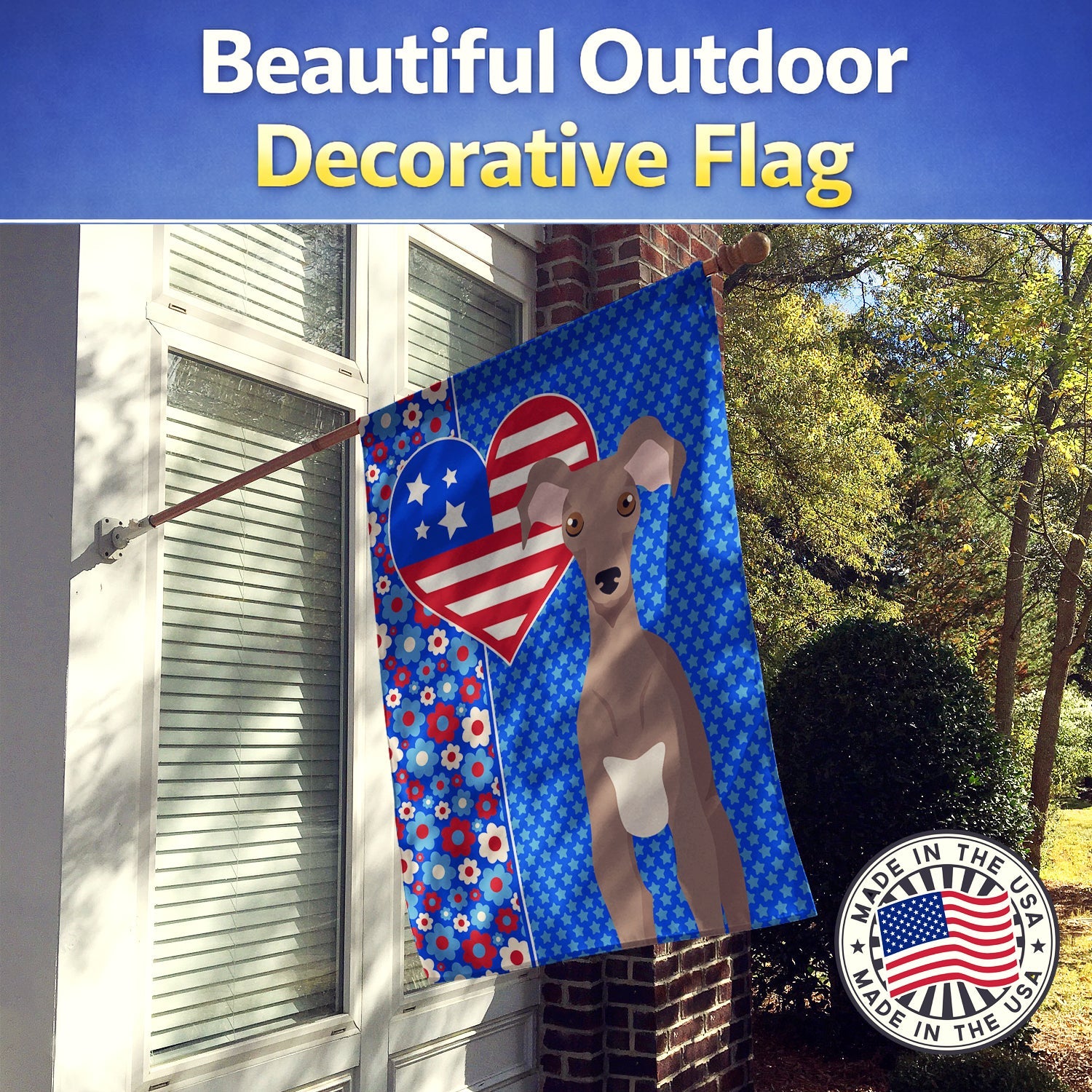 Fawn Italian Greyhound USA American House Flag 28x40 Porch Sleeve Pole Decorative Outside Yard Banner Artwork Wall Hanging, Polyester