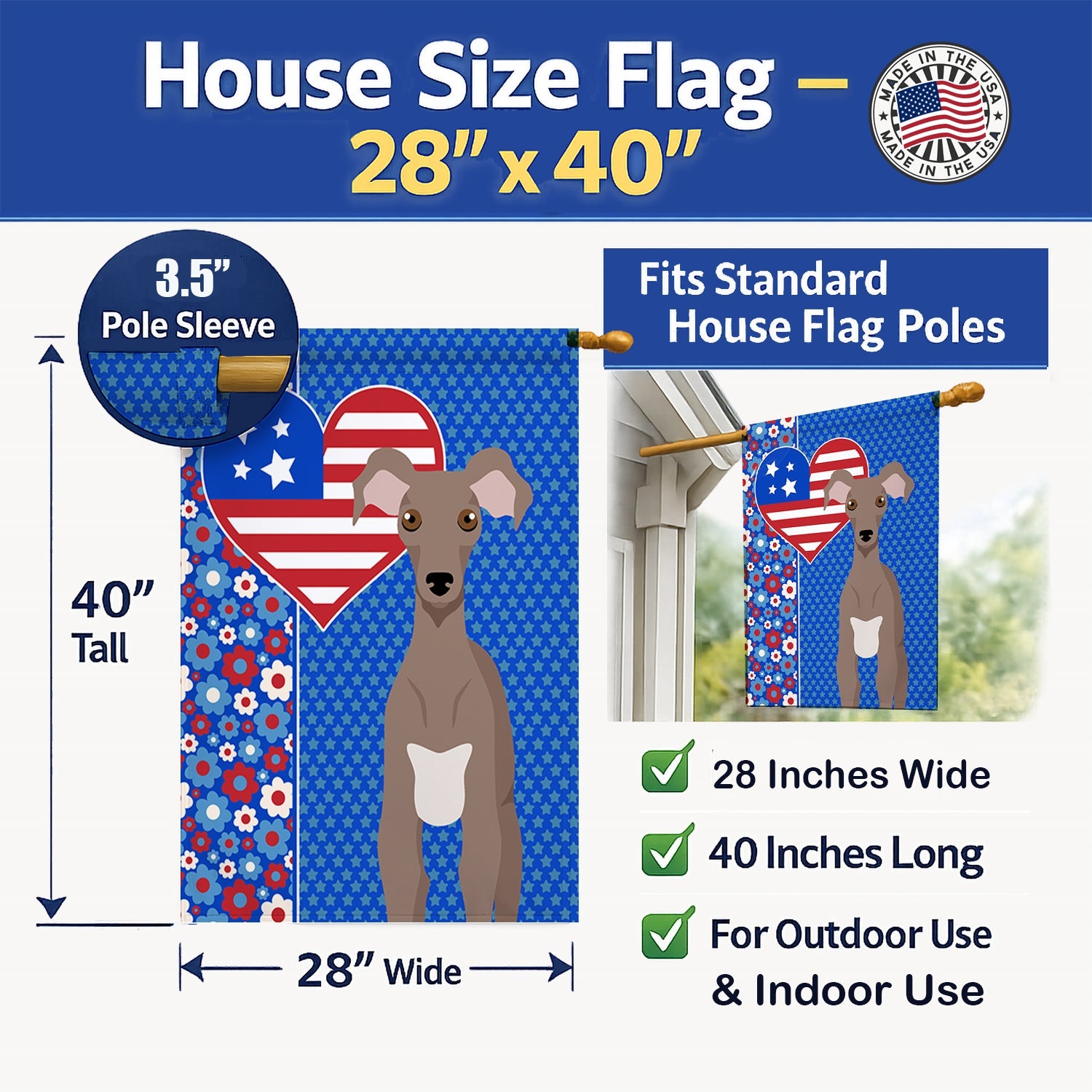 Fawn Italian Greyhound USA American House Flag 28x40 Porch Sleeve Pole Decorative Outside Yard Banner Artwork Wall Hanging, Polyester