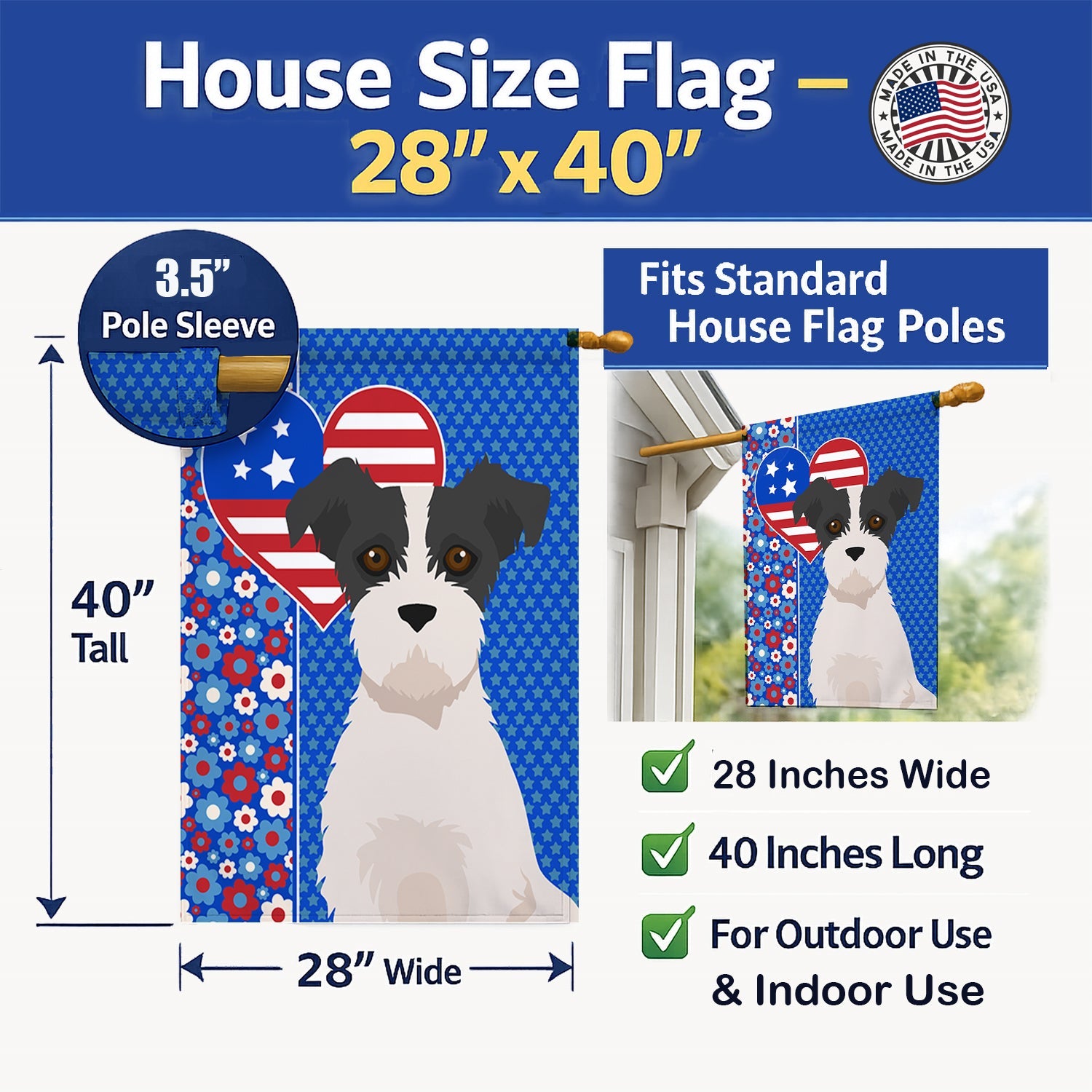 Black White Wirehair Jack Russell Terrier USA American House Flag 28x40 Porch Sleeve Pole Decorative Outside Yard Banner Artwork Wall Hanging, Polyester