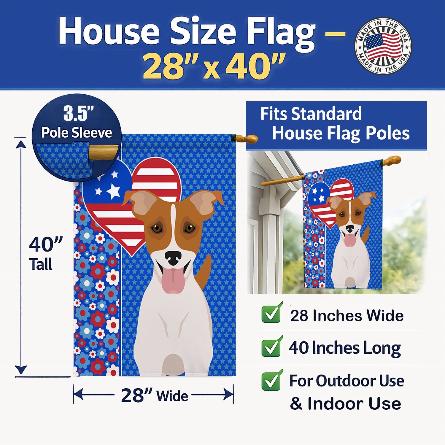 Brown White Smooth Jack Russell Terrier USA American House Flag 28x40 Porch Sleeve Pole Decorative Outside Yard Banner Artwork Wall Hanging, Polyester