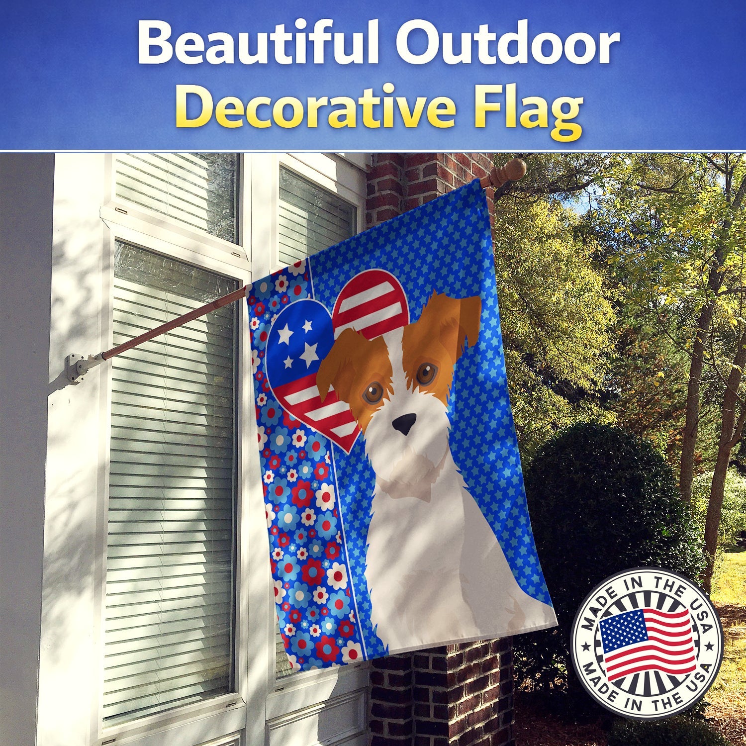 Brown White Wirehair Jack Russell Terrier USA American House Flag 28x40 Porch Sleeve Pole Decorative Outside Yard Banner Artwork Wall Hanging, Polyester