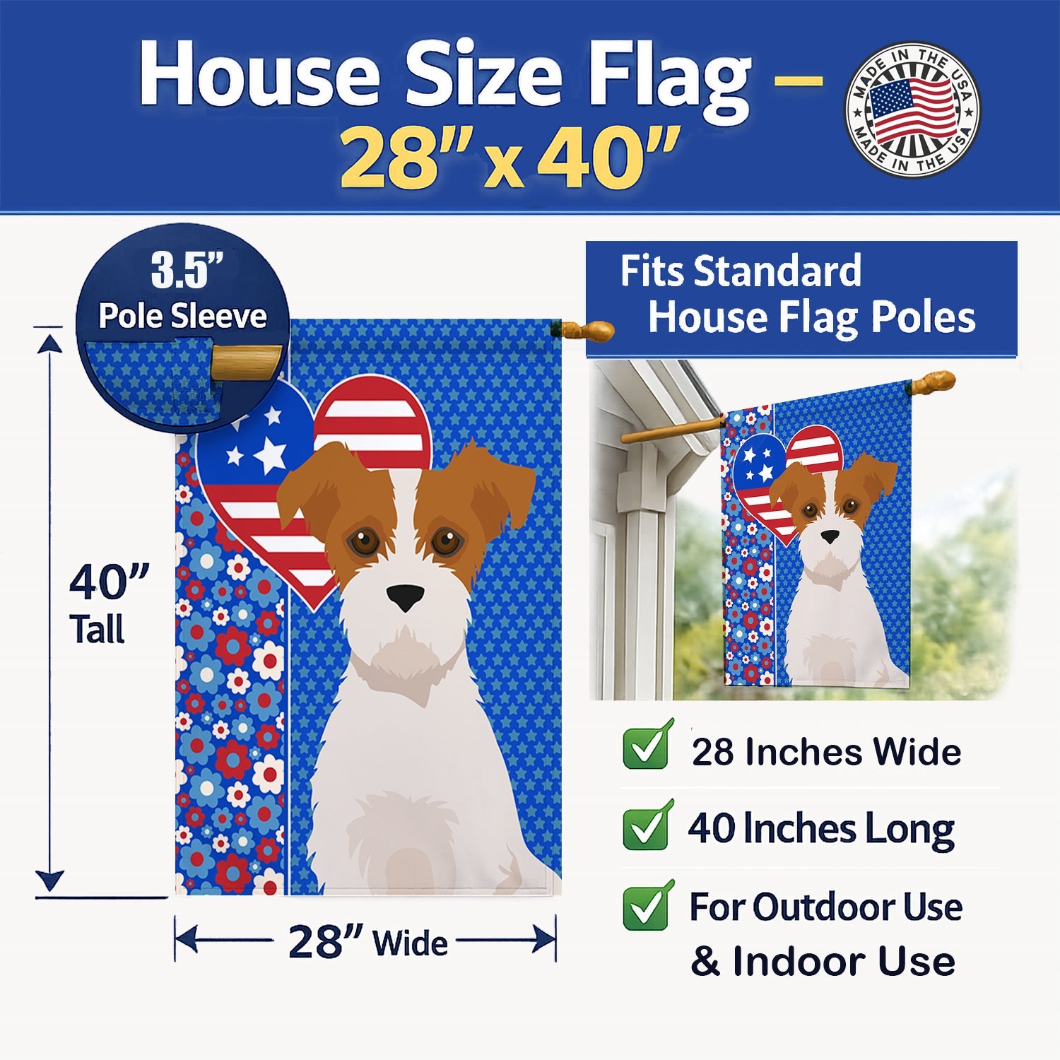 Brown White Wirehair Jack Russell Terrier USA American House Flag 28x40 Porch Sleeve Pole Decorative Outside Yard Banner Artwork Wall Hanging, Polyester