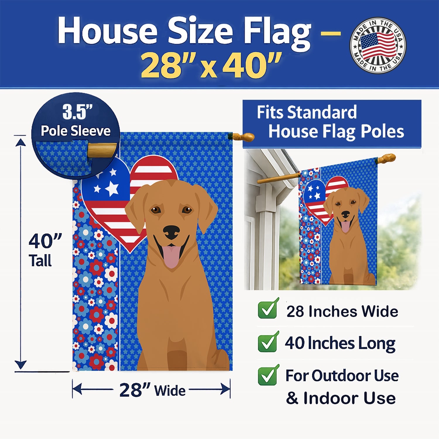 Red Fox Labrador Retriever USA American House Flag 28x40 Porch Sleeve Pole Decorative Outside Yard Banner Artwork Wall Hanging, Polyester