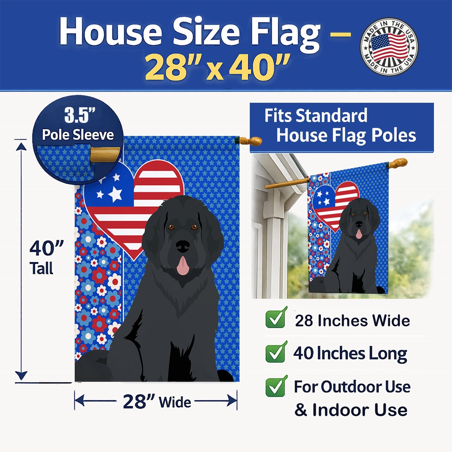 Black Newfoundland USA American House Flag 28x40 Porch Sleeve Pole Decorative Outside Yard Banner Artwork Wall Hanging, Polyester