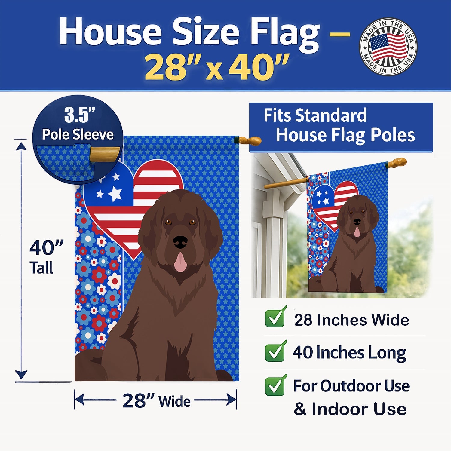 Brown Newfoundland USA American House Flag 28x40 Porch Sleeve Pole Decorative Outside Yard Banner Artwork Wall Hanging, Polyester