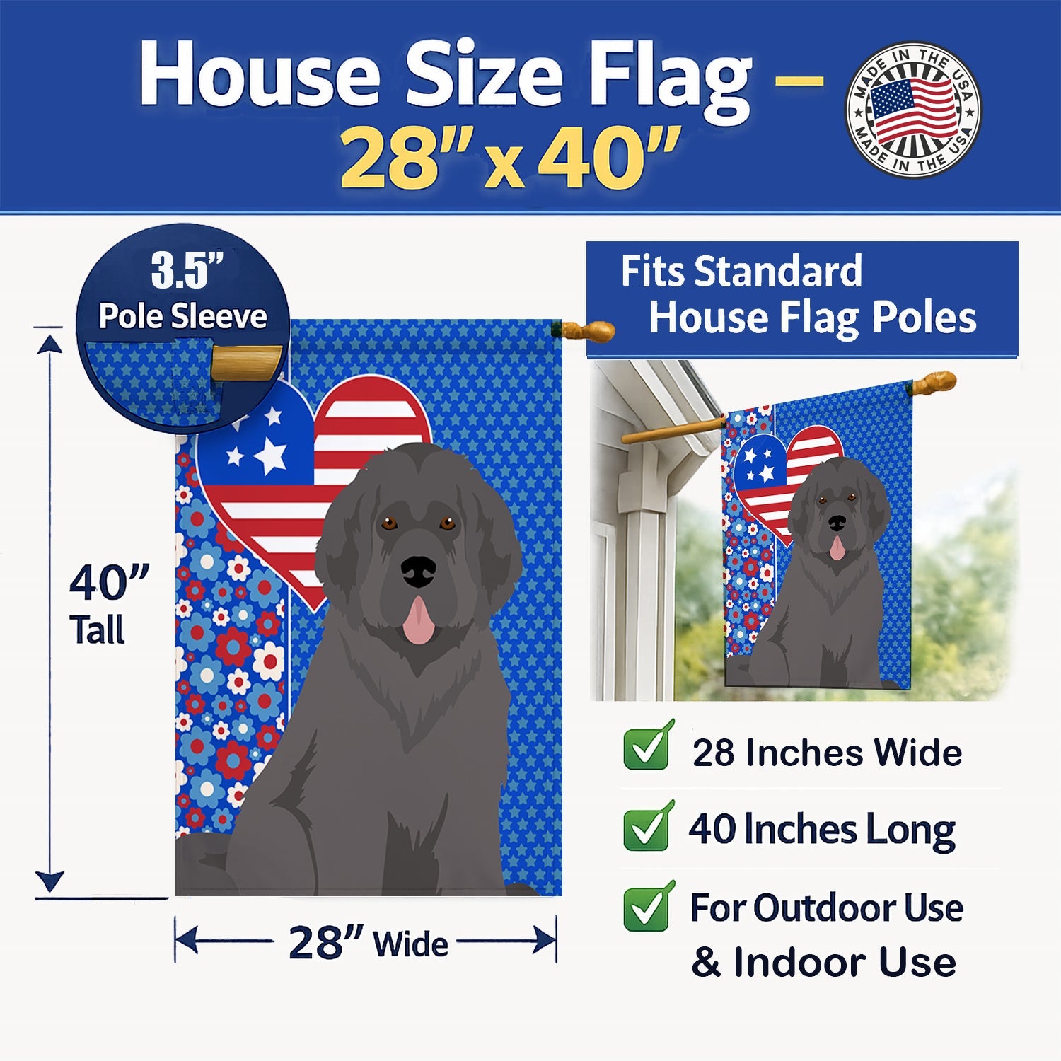 Grey Newfoundland USA American House Flag 28x40 Porch Sleeve Pole Decorative Outside Yard Banner Artwork Wall Hanging, Polyester
