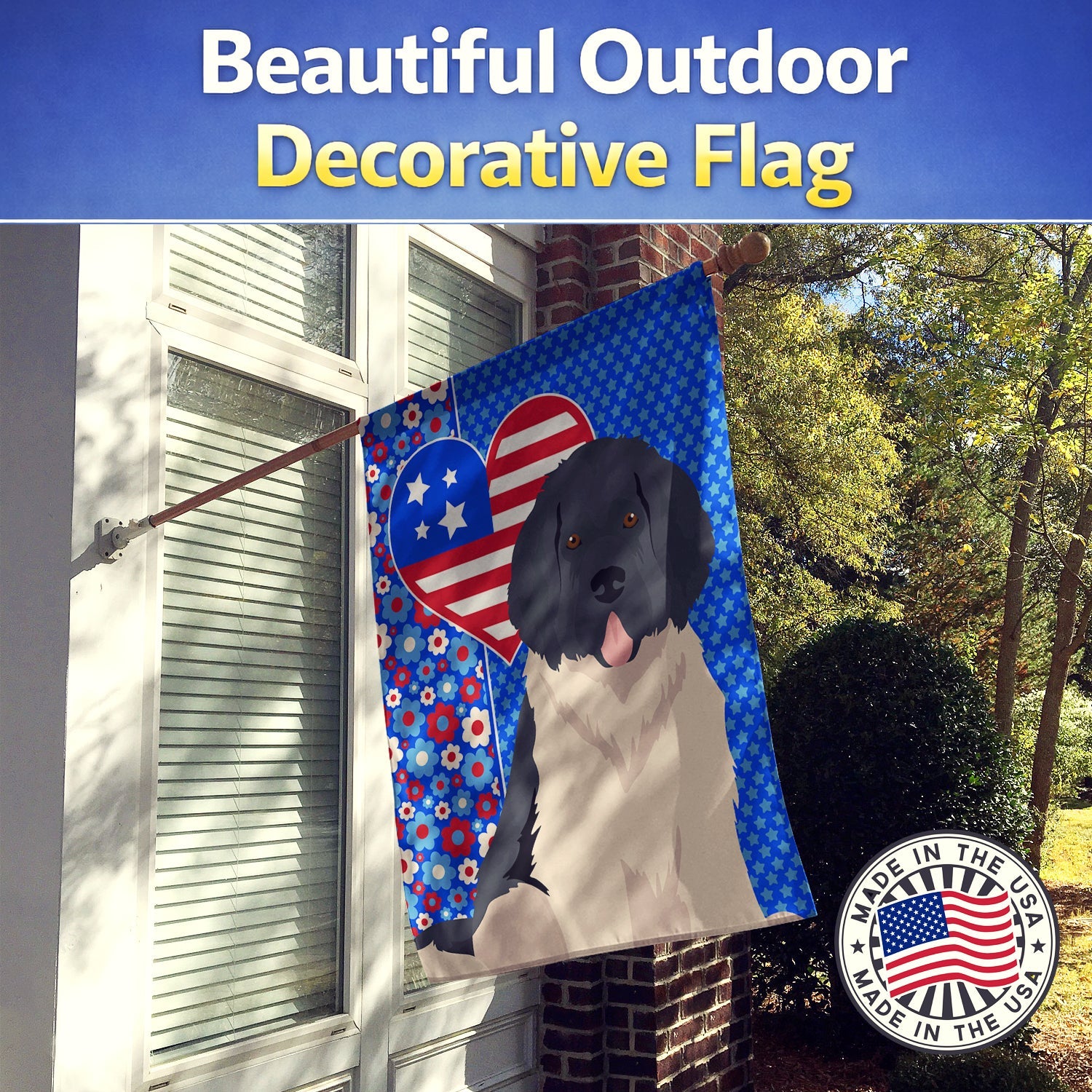 Landseer Newfoundland USA American House Flag 28x40 Porch Sleeve Pole Decorative Outside Yard Banner Artwork Wall Hanging, Polyester