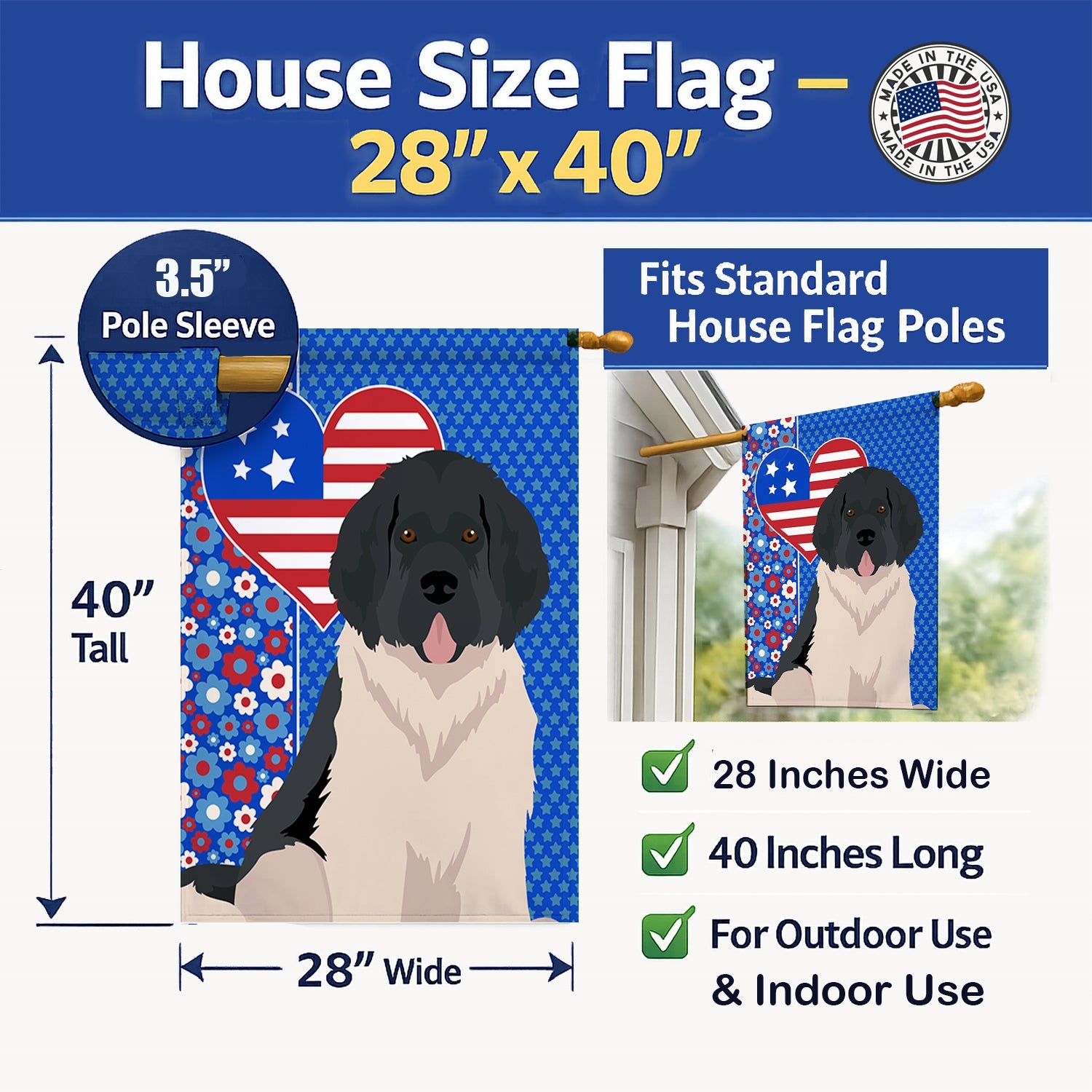 Landseer Newfoundland USA American House Flag 28x40 Porch Sleeve Pole Decorative Outside Yard Banner Artwork Wall Hanging, Polyester