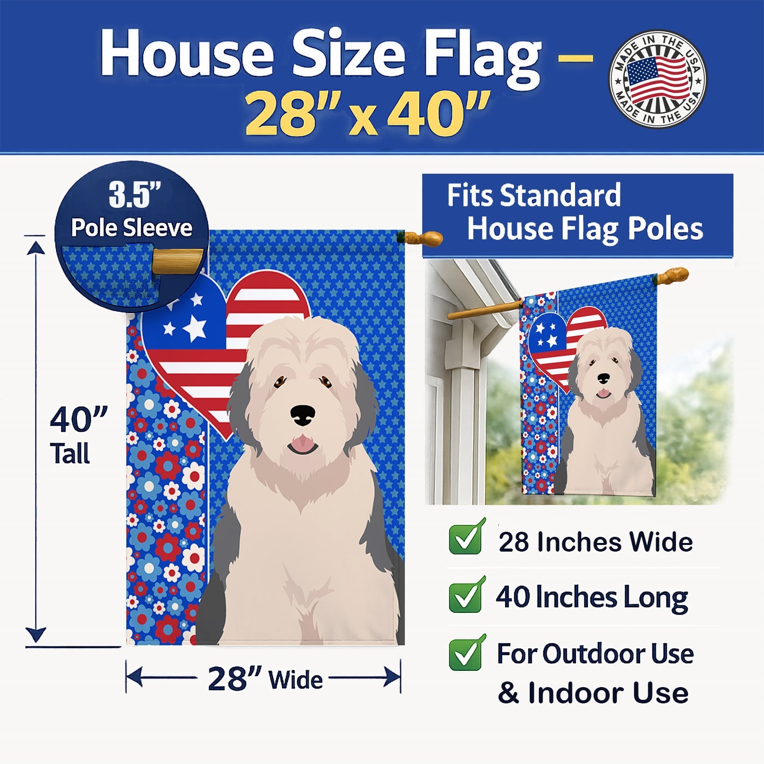 Old English Sheepdog USA American House Flag 28x40 Porch Sleeve Pole Decorative Outside Yard Banner Artwork Wall Hanging, Polyester