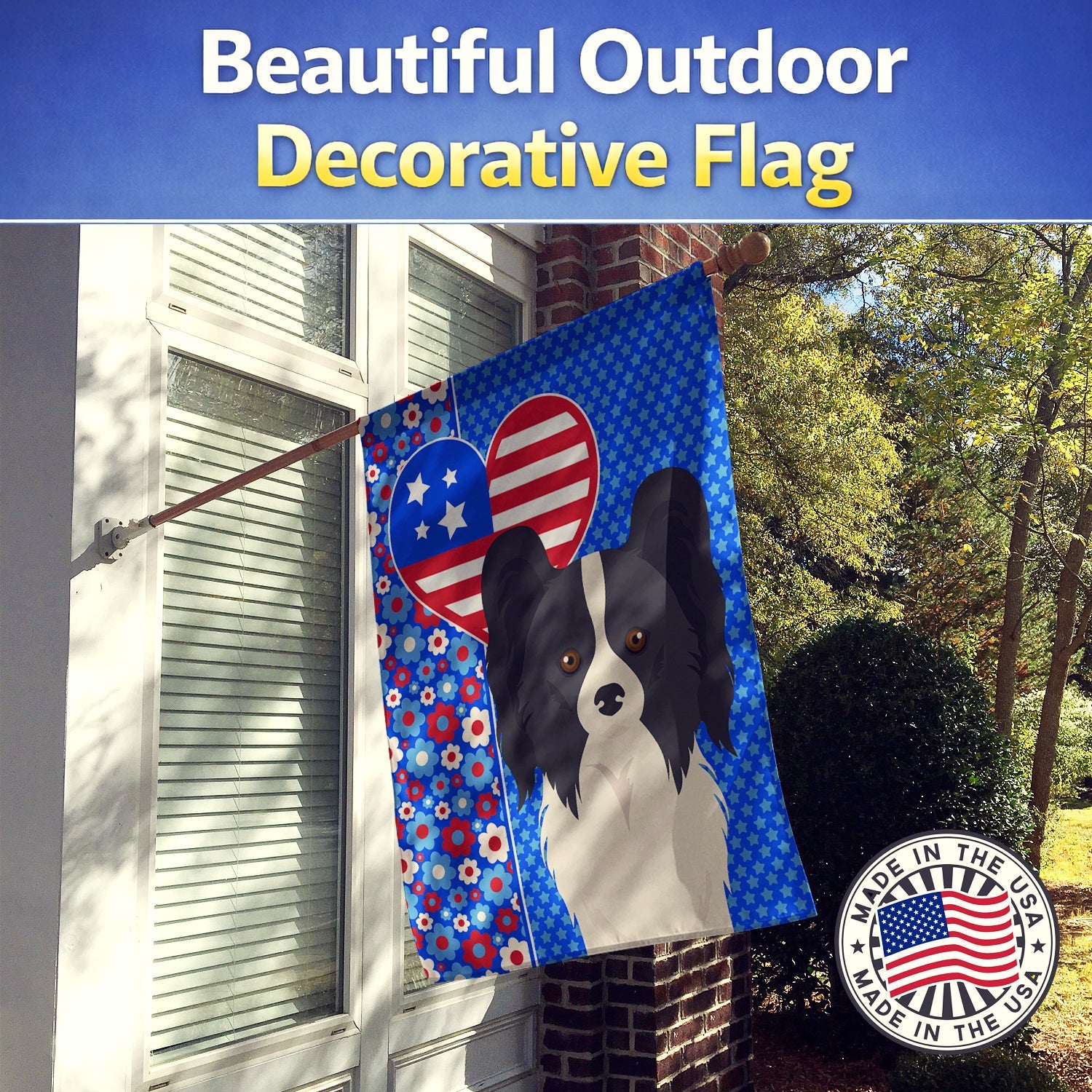 Black and White Papillon USA American House Flag 28x40 Porch Sleeve Pole Decorative Outside Yard Banner Artwork Wall Hanging, Polyester