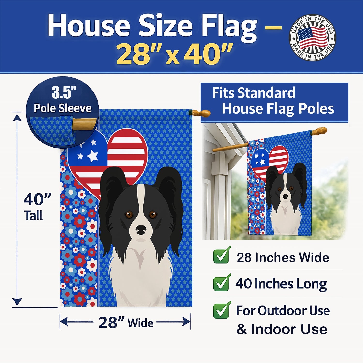 Black and White Papillon USA American House Flag 28x40 Porch Sleeve Pole Decorative Outside Yard Banner Artwork Wall Hanging, Polyester