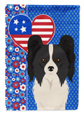 Black and White Papillon USA American House Flag 28x40 Porch Sleeve Pole Decorative Outside Yard Banner Artwork Wall Hanging, Polyester