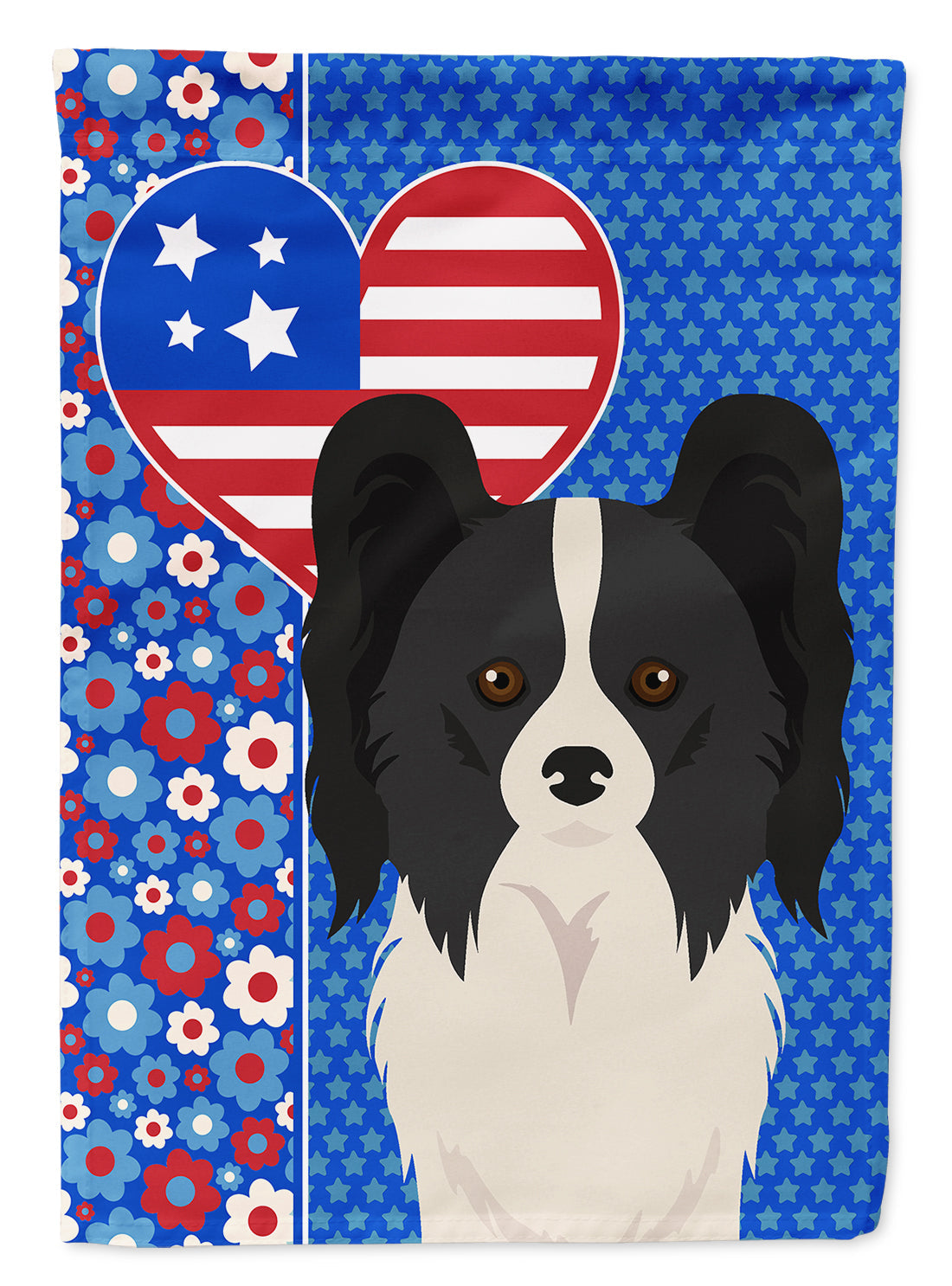 Black and White Papillon USA American House Flag 28x40 Porch Sleeve Pole Decorative Outside Yard Banner Artwork Wall Hanging, Polyester