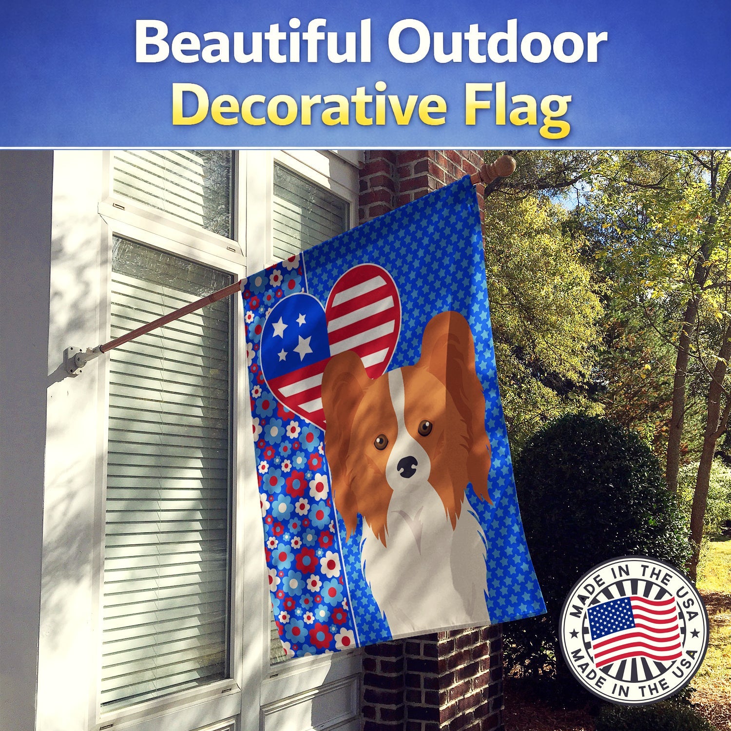 Red and White Papillon USA American House Flag 28x40 Porch Sleeve Pole Decorative Outside Yard Banner Artwork Wall Hanging, Polyester