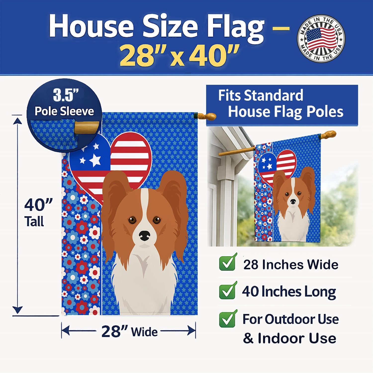 Red and White Papillon USA American House Flag 28x40 Porch Sleeve Pole Decorative Outside Yard Banner Artwork Wall Hanging, Polyester