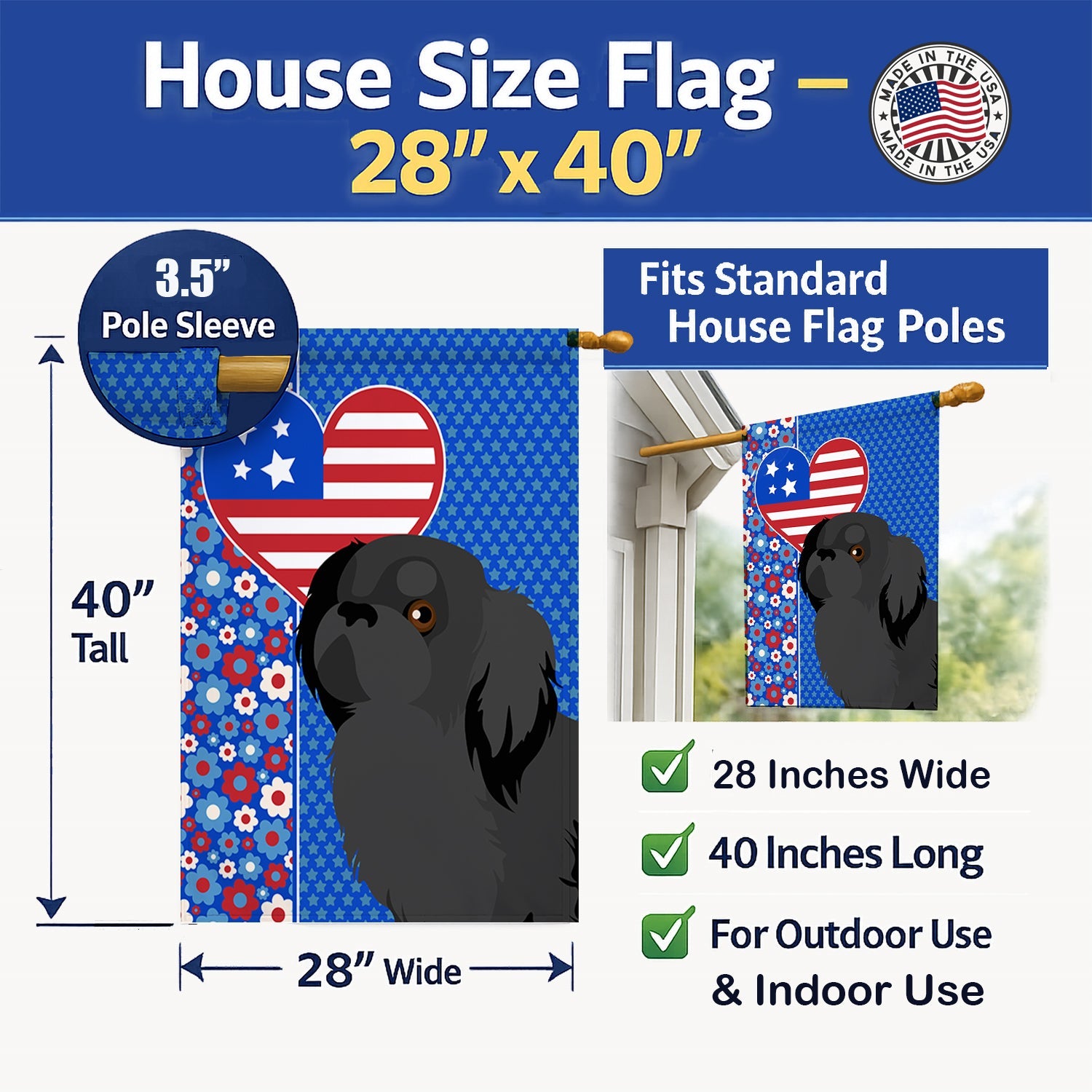 Black Pekingese USA American House Flag 28x40 Porch Sleeve Pole Decorative Outside Yard Banner Artwork Wall Hanging, Polyester