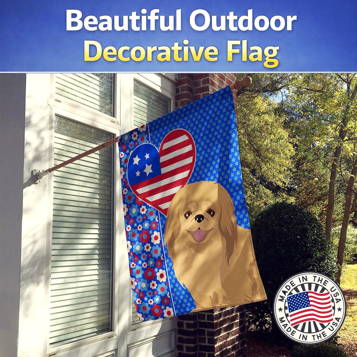Gold Pekingese USA American House Flag 28x40 Porch Sleeve Pole Decorative Outside Yard Banner Artwork Wall Hanging, Polyester
