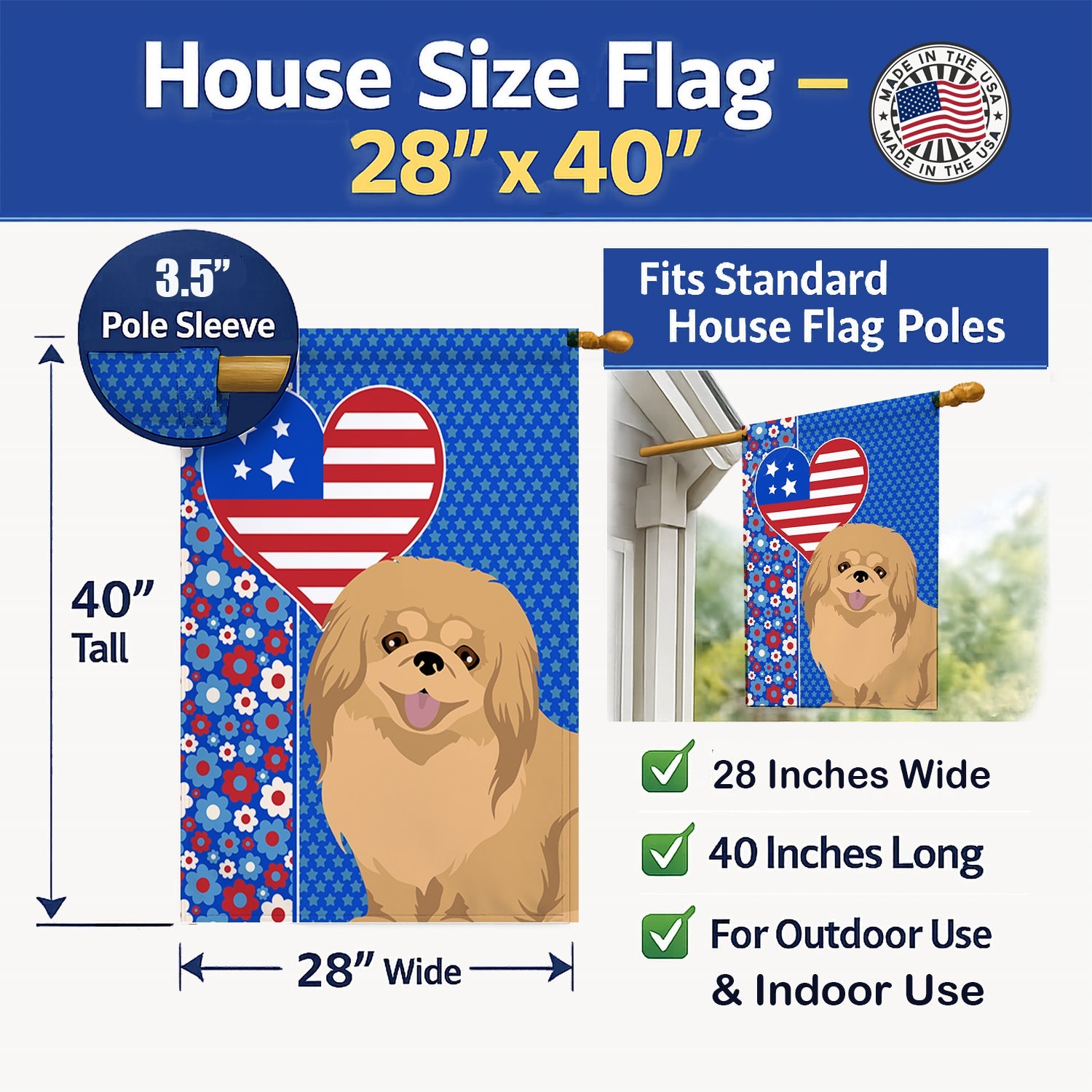 Gold Pekingese USA American House Flag 28x40 Porch Sleeve Pole Decorative Outside Yard Banner Artwork Wall Hanging, Polyester