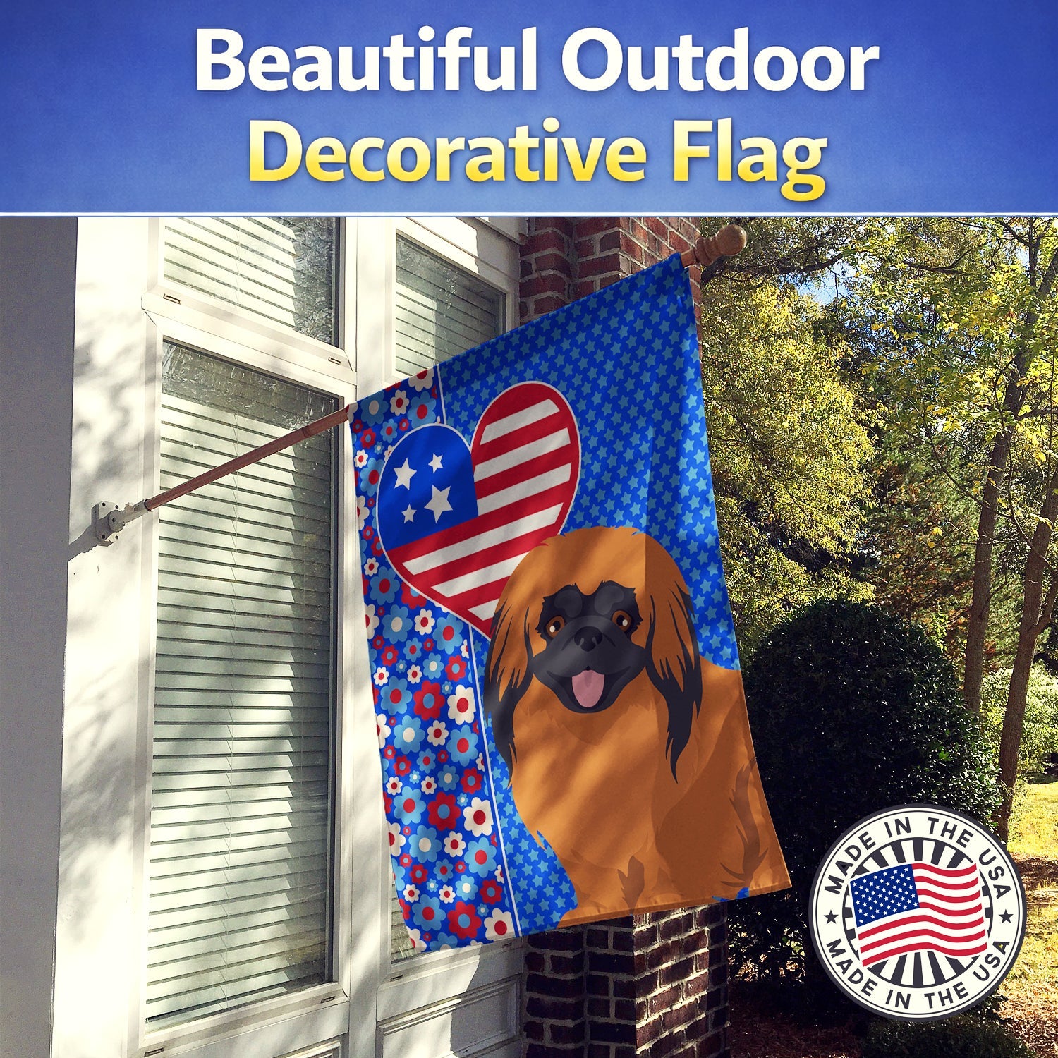 Red Pekingese USA American House Flag 28x40 Porch Sleeve Pole Decorative Outside Yard Banner Artwork Wall Hanging, Polyester
