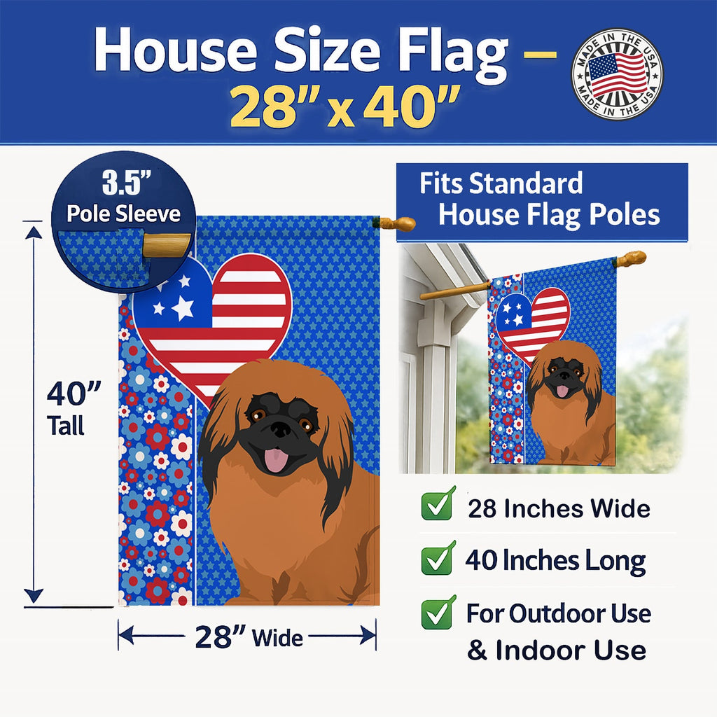 Red Pekingese USA American House Flag 28x40 Porch Sleeve Pole Decorative Outside Yard Banner Artwork Wall Hanging, Polyester