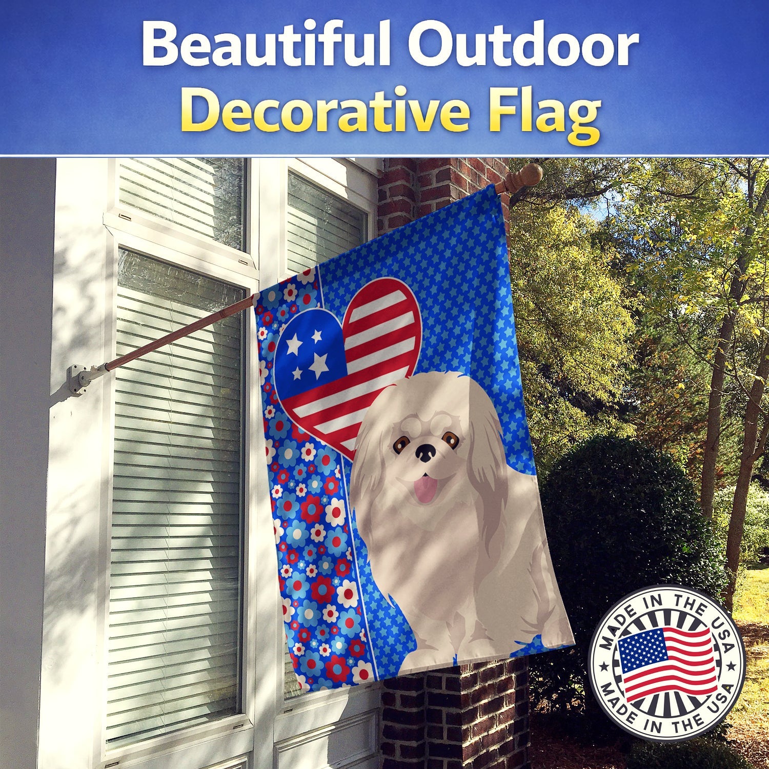 White Pekingese USA American House Flag 28x40 Porch Sleeve Pole Decorative Outside Yard Banner Artwork Wall Hanging, Polyester