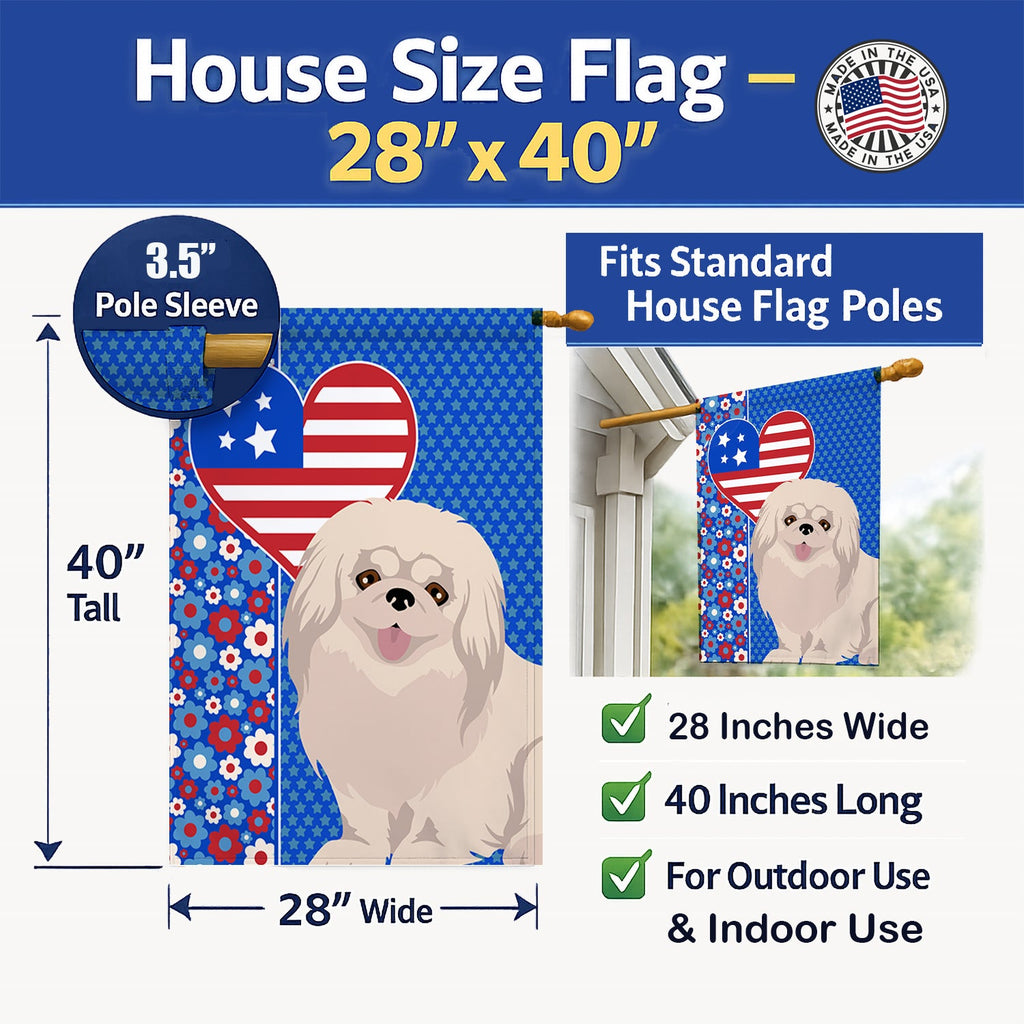 White Pekingese USA American House Flag 28x40 Porch Sleeve Pole Decorative Outside Yard Banner Artwork Wall Hanging, Polyester