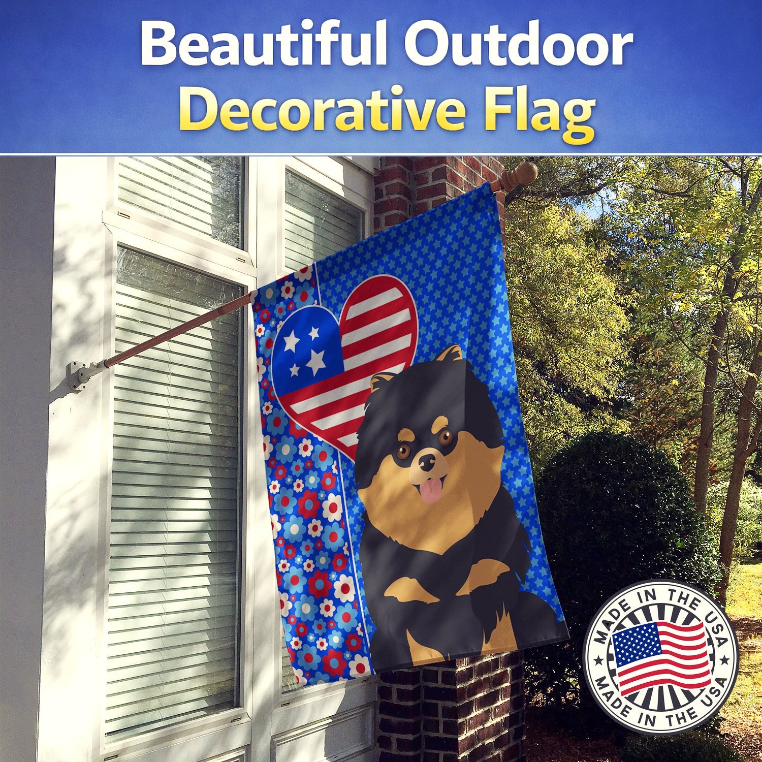 Black and Tan Pomeranian USA American House Flag 28x40 Porch Sleeve Pole Decorative Outside Yard Banner Artwork Wall Hanging, Polyester