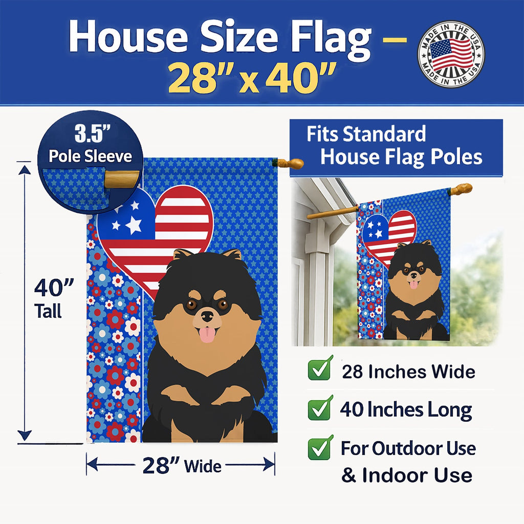 Black and Tan Pomeranian USA American House Flag 28x40 Porch Sleeve Pole Decorative Outside Yard Banner Artwork Wall Hanging, Polyester