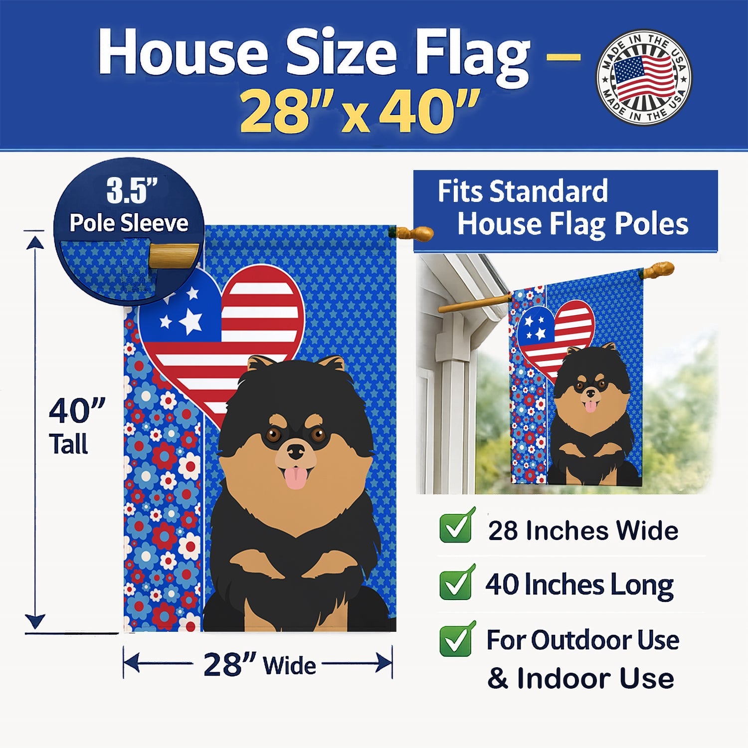 Black and Tan Pomeranian USA American House Flag 28x40 Porch Sleeve Pole Decorative Outside Yard Banner Artwork Wall Hanging, Polyester