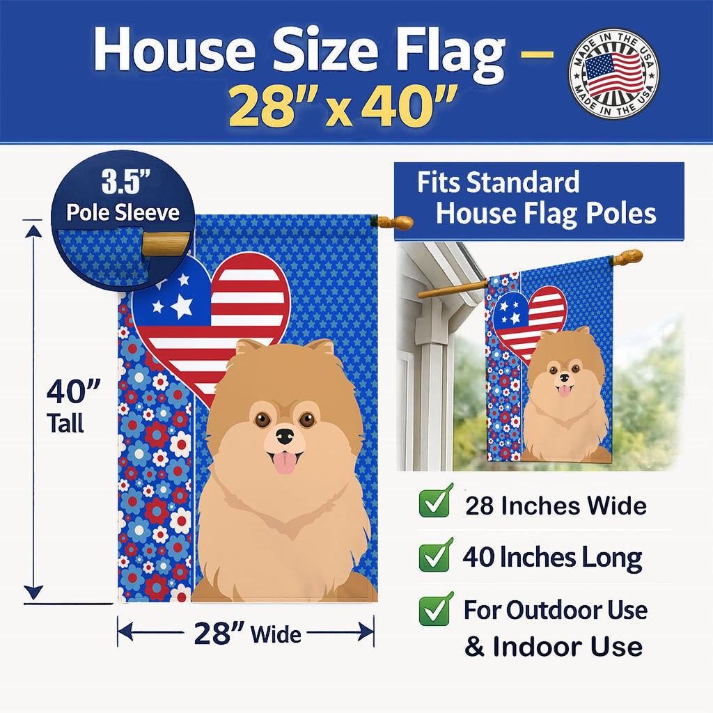 Orange Pomeranian USA American House Flag 28x40 Porch Sleeve Pole Decorative Outside Yard Banner Artwork Wall Hanging, Polyester