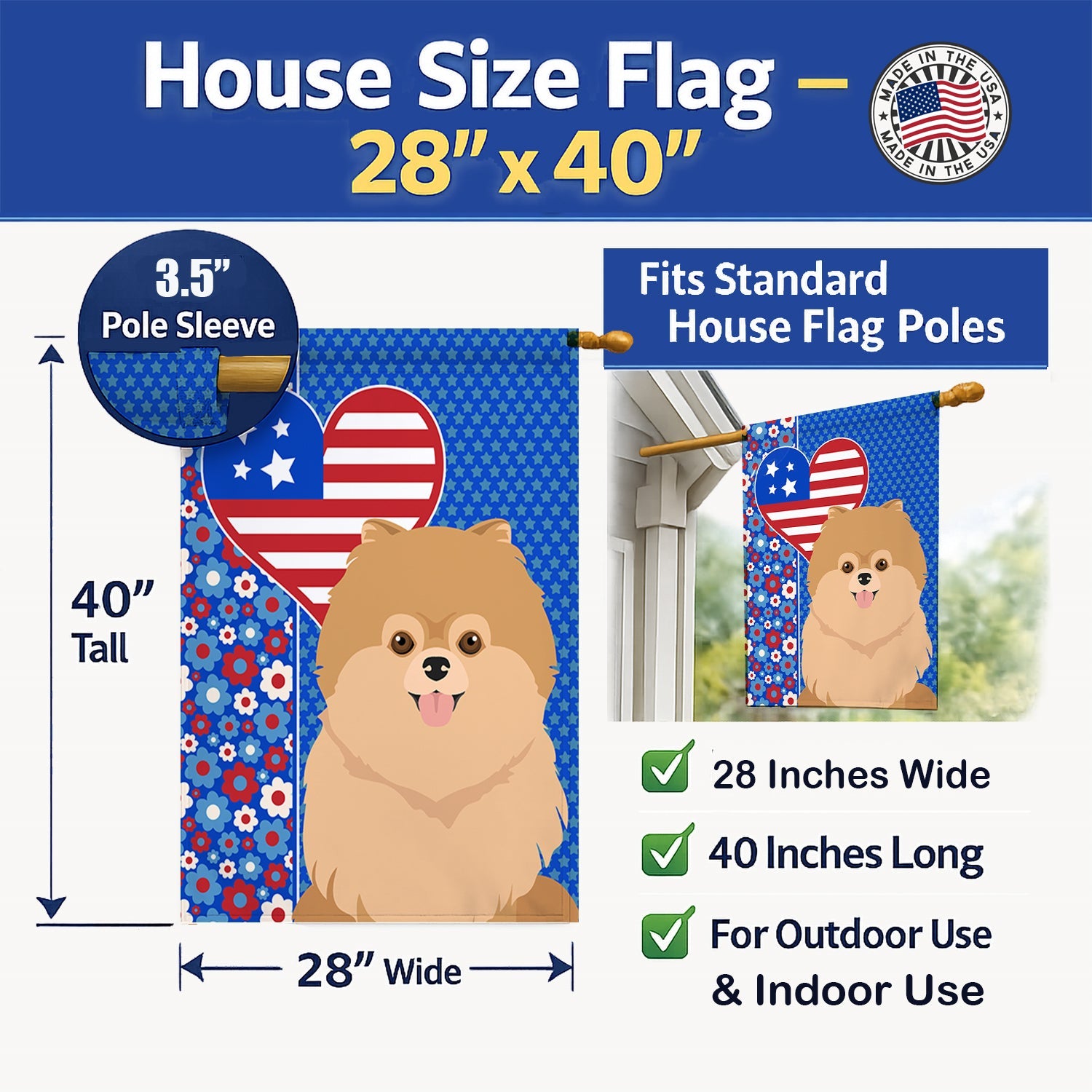 Orange Pomeranian USA American House Flag 28x40 Porch Sleeve Pole Decorative Outside Yard Banner Artwork Wall Hanging, Polyester